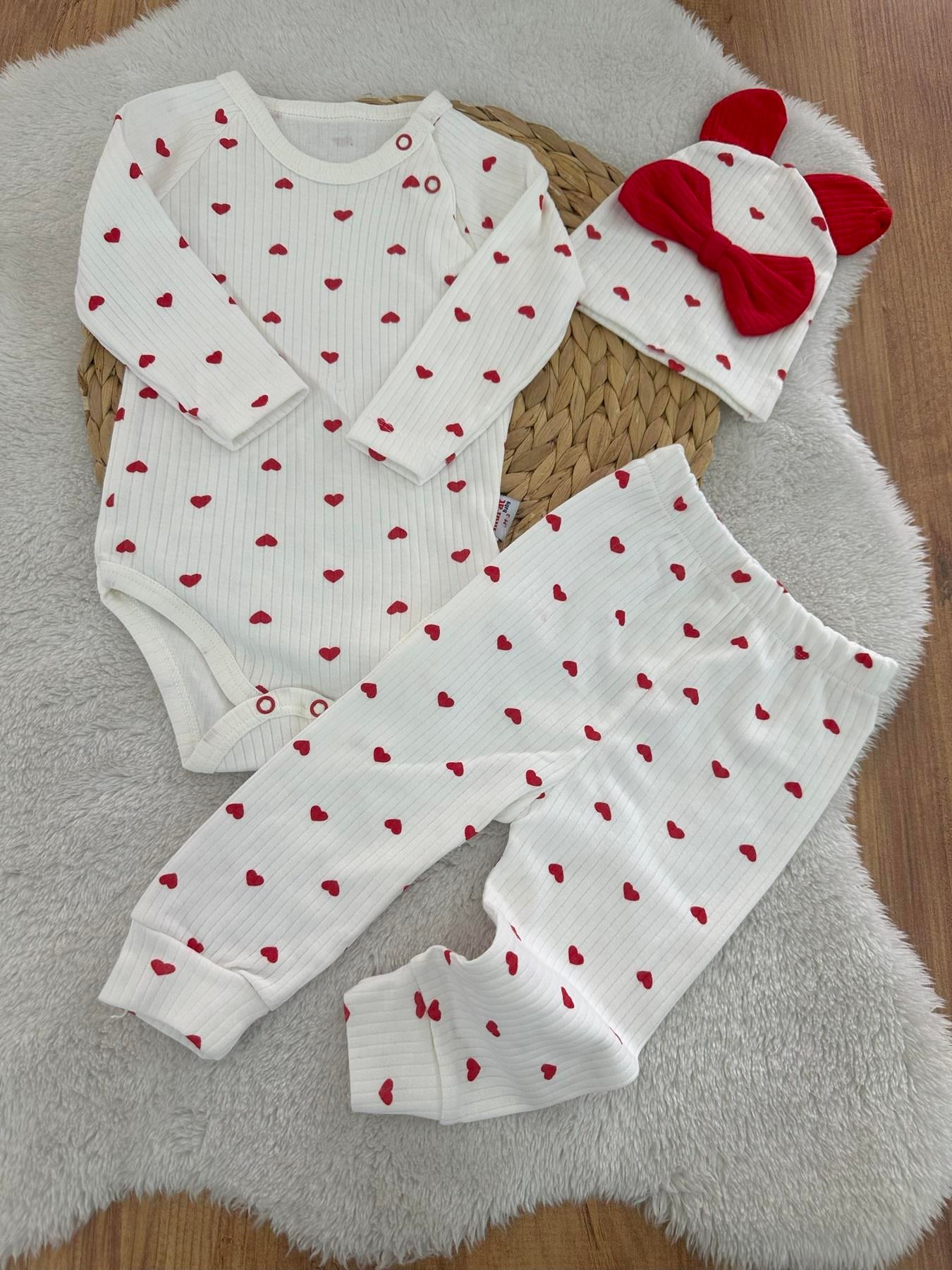 Minik Kalp Baskılı Raporlu Kız Bebek 3lü Takım 0-3/3-6/6-9/9-12 Ay