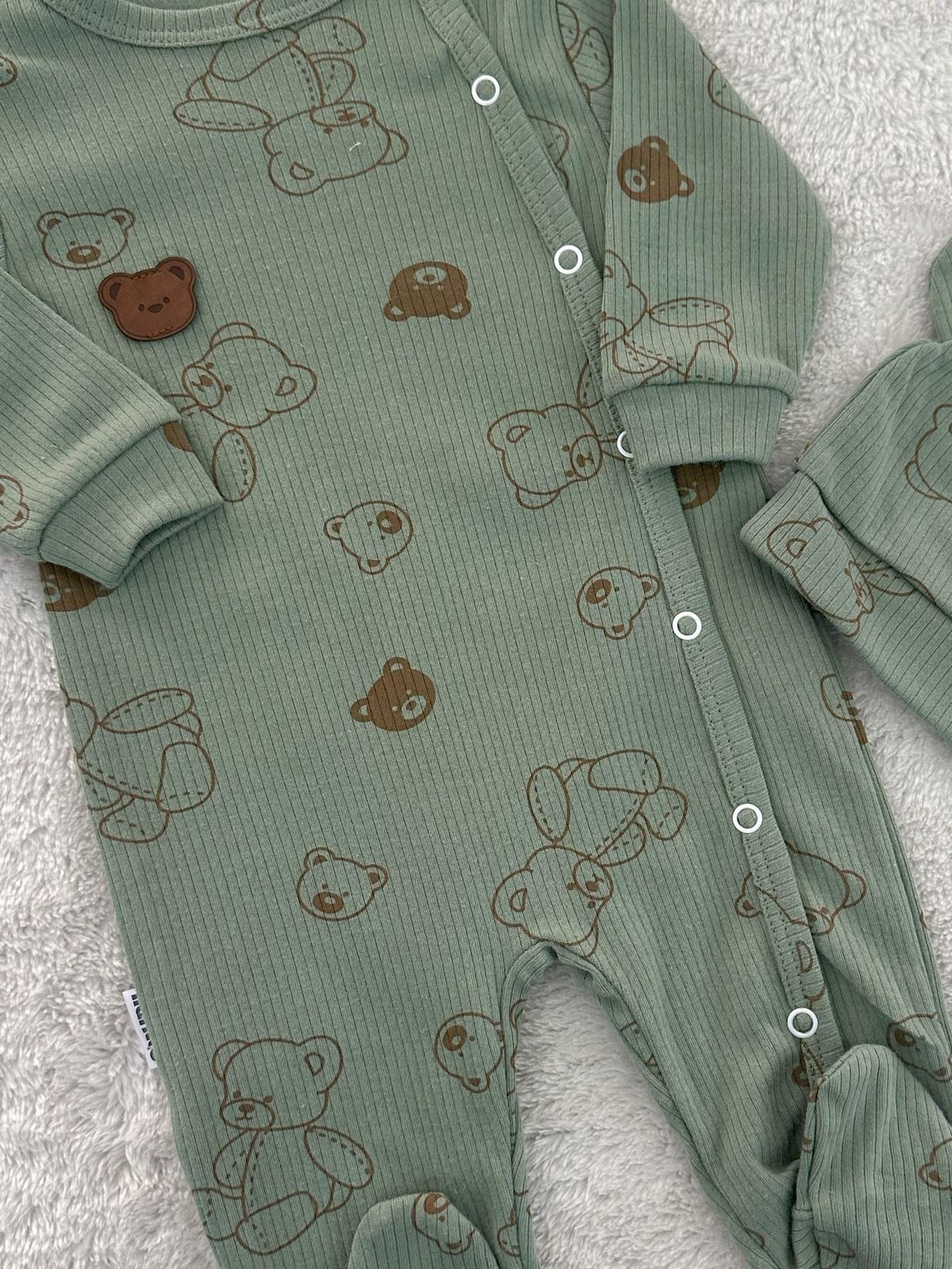 Ayıcık Baskılı Şapkalı Erkek Bebek Tulum Bere Set 0-3/3-6/6-9 Ay