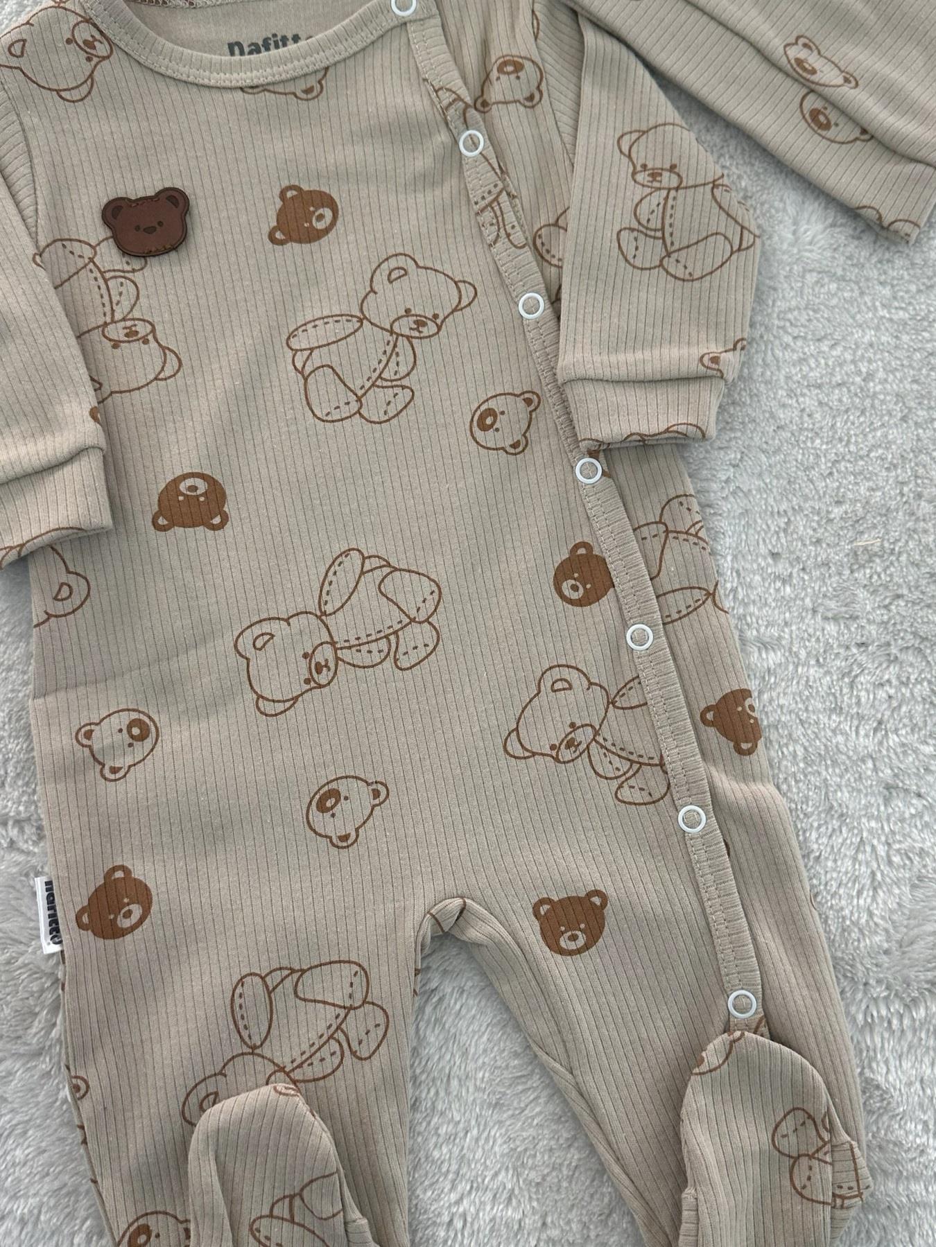 Ayıcık Baskılı Şapkalı Erkek Bebek Tulum Bere Set 0-3/3-6/6-9 Ay