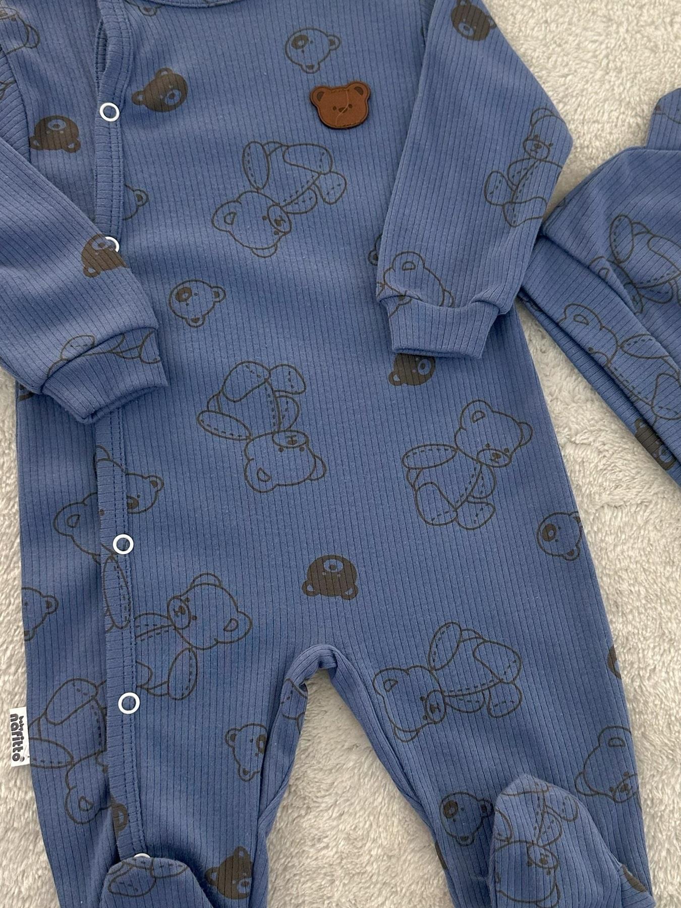 Ayıcık Baskılı Şapkalı Erkek Bebek Tulum Bere Set 0-3/3-6/6-9 Ay