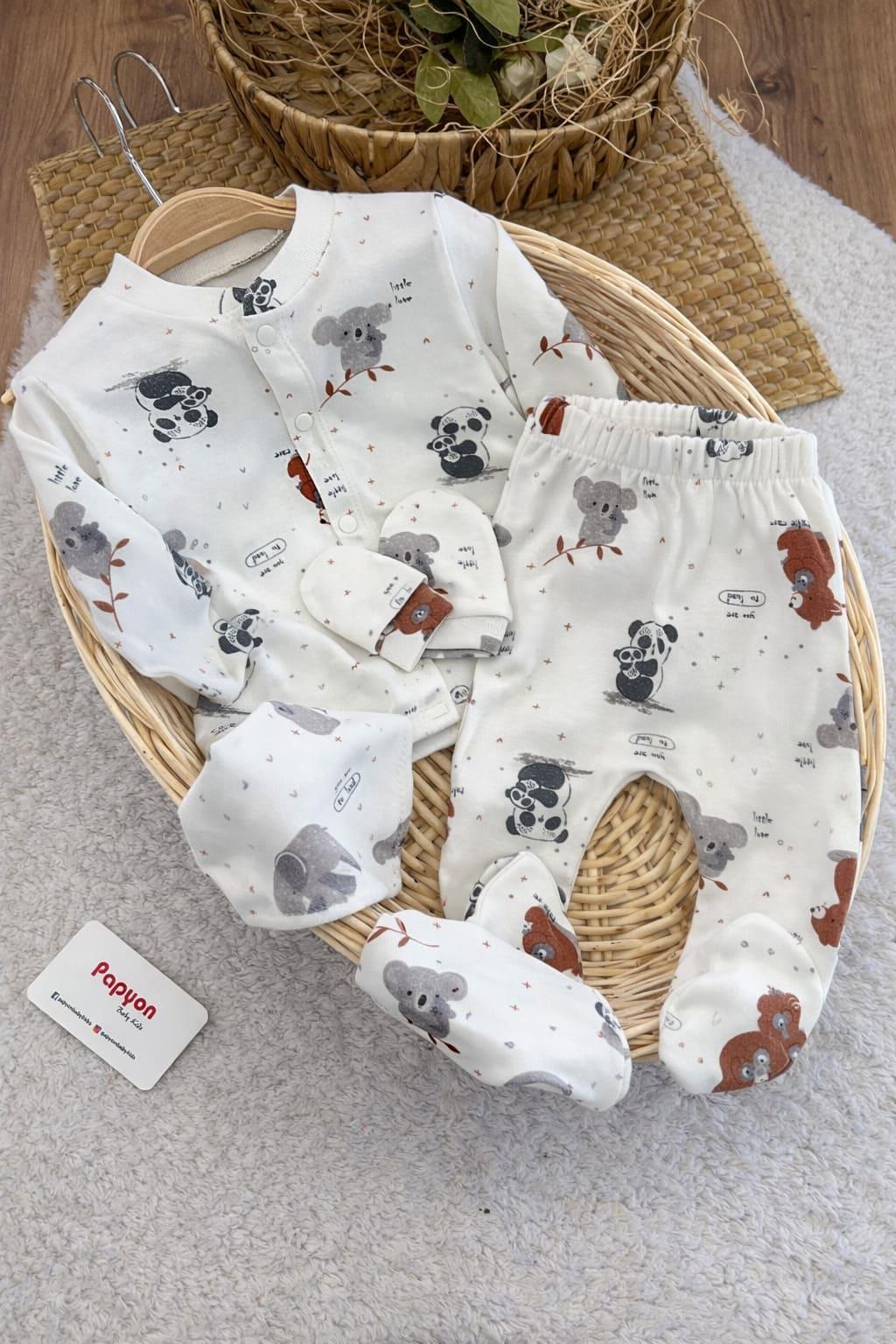Panda Baskılı Yenidoğan Bebek 5li Zıbın Set