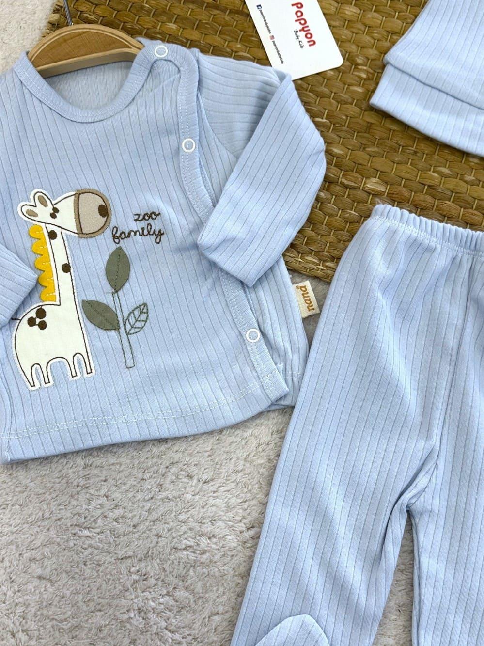 Zürafa Nakışlı Fitilli Yenidoğan Bebek 3lü Zıbın Set