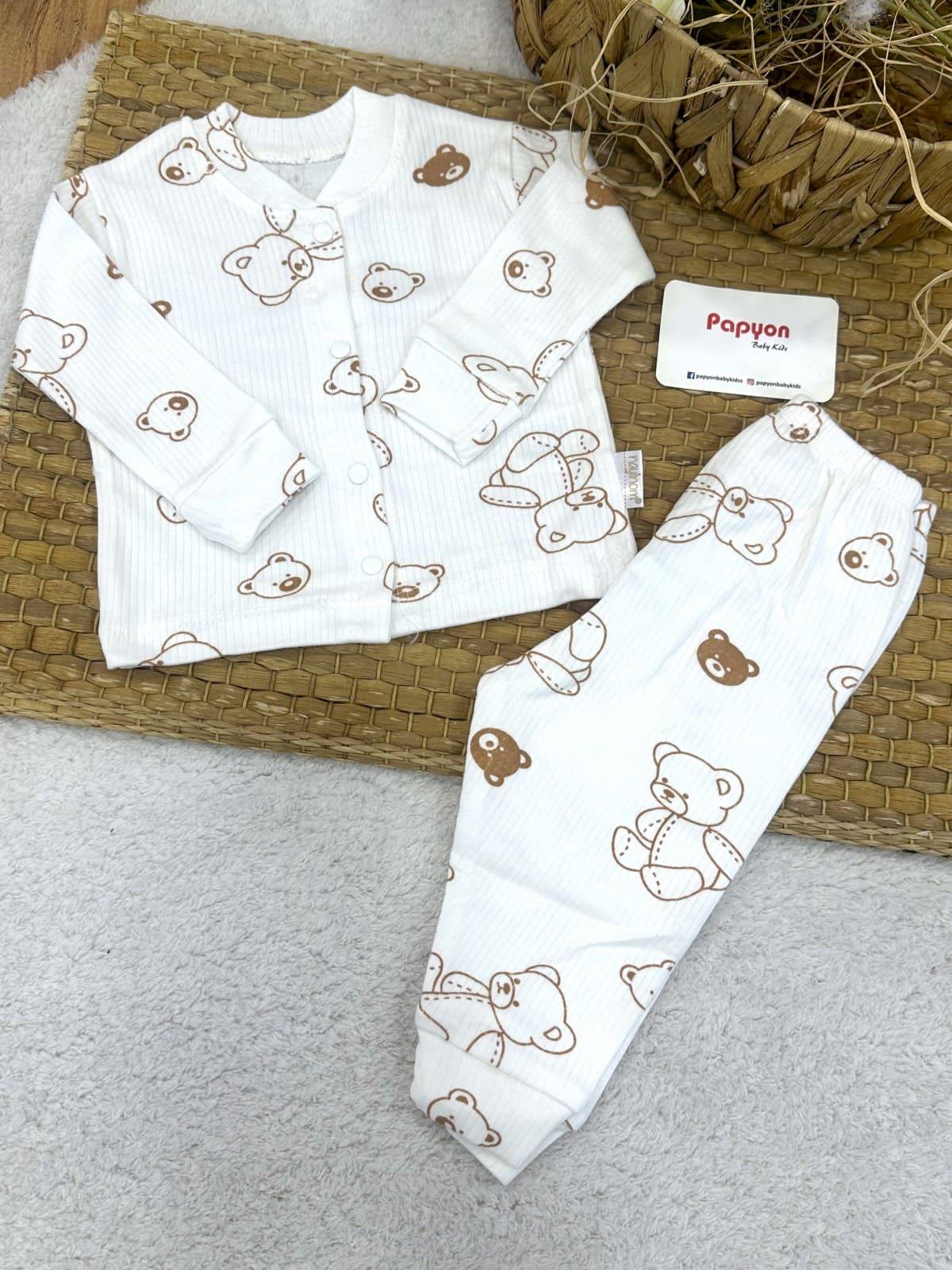 Ayıcık Baskılı Fitilli Önden Çıtçıtlı Uniseks Bebek Pijama Takımı (0-3/3-6/6-9 Ay)