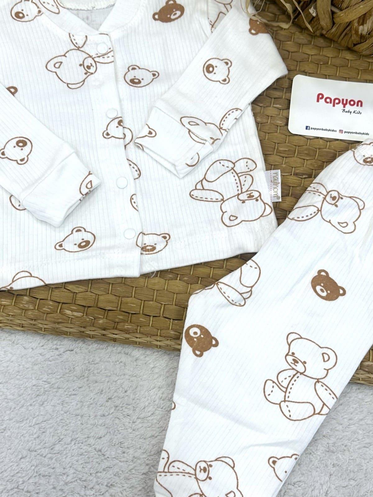 Ayıcık Baskılı Fitilli Önden Çıtçıtlı Uniseks Bebek Pijama Takımı (0-3/3-6/6-9 Ay)