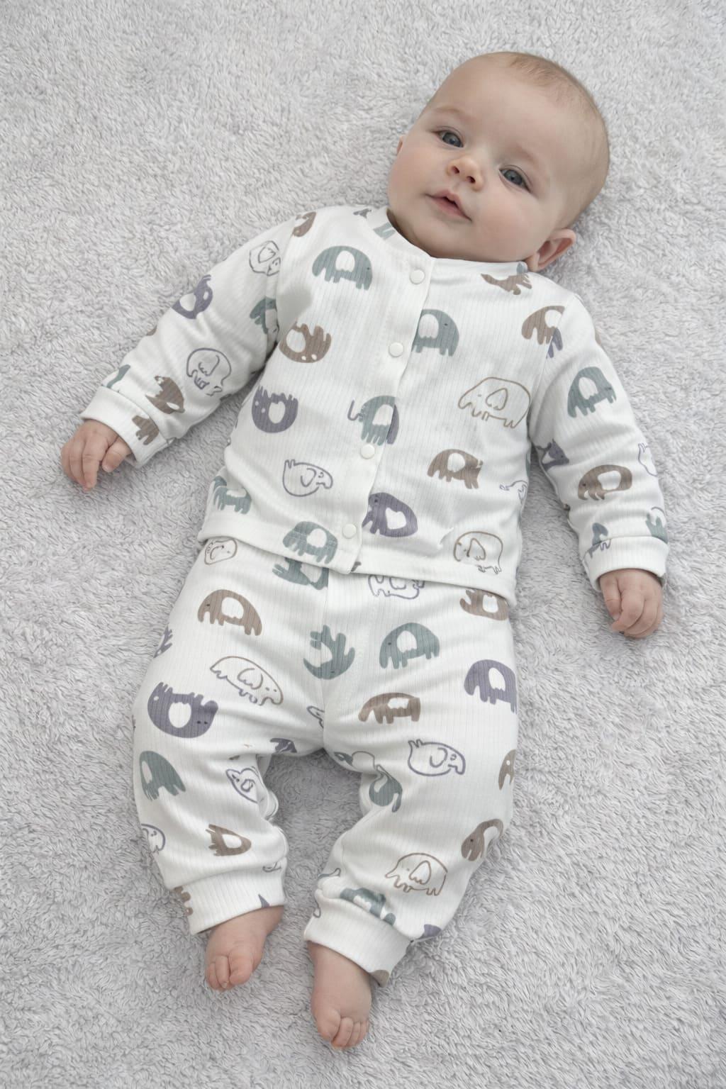 Fil Desenli Raporlu Önden Çıtçıtlı Bebek Pijama Takımı (0-3/3-6/6-9 Ay)