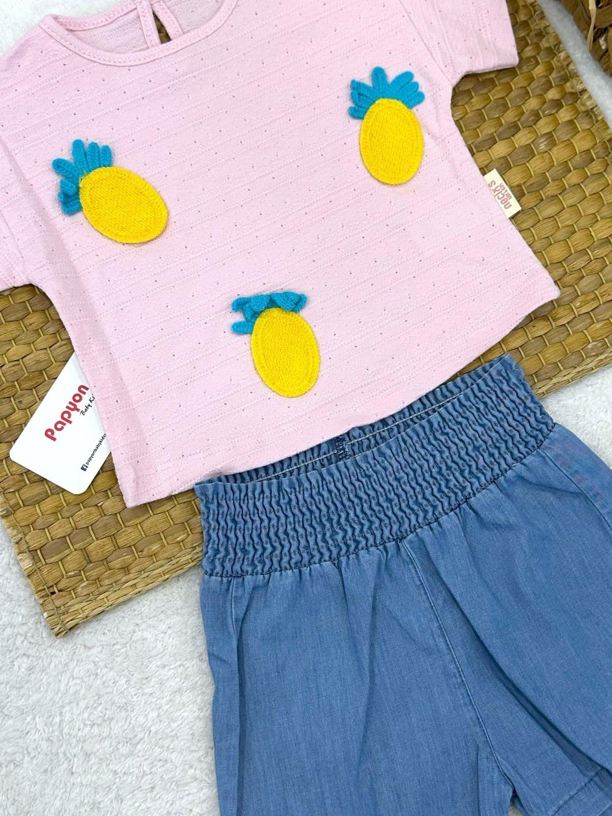 Ananas Aplikeli Jakarlı Badili Kot Şortlu Kız Bebek Takım (6-9/9-12/12-18/18-24 Ay)