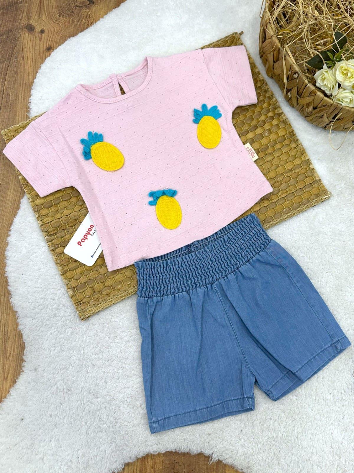 Ananas Aplikeli Jakarlı Badili Kot Şortlu Kız Bebek Takım (6-9/9-12/12-18/18-24 Ay)