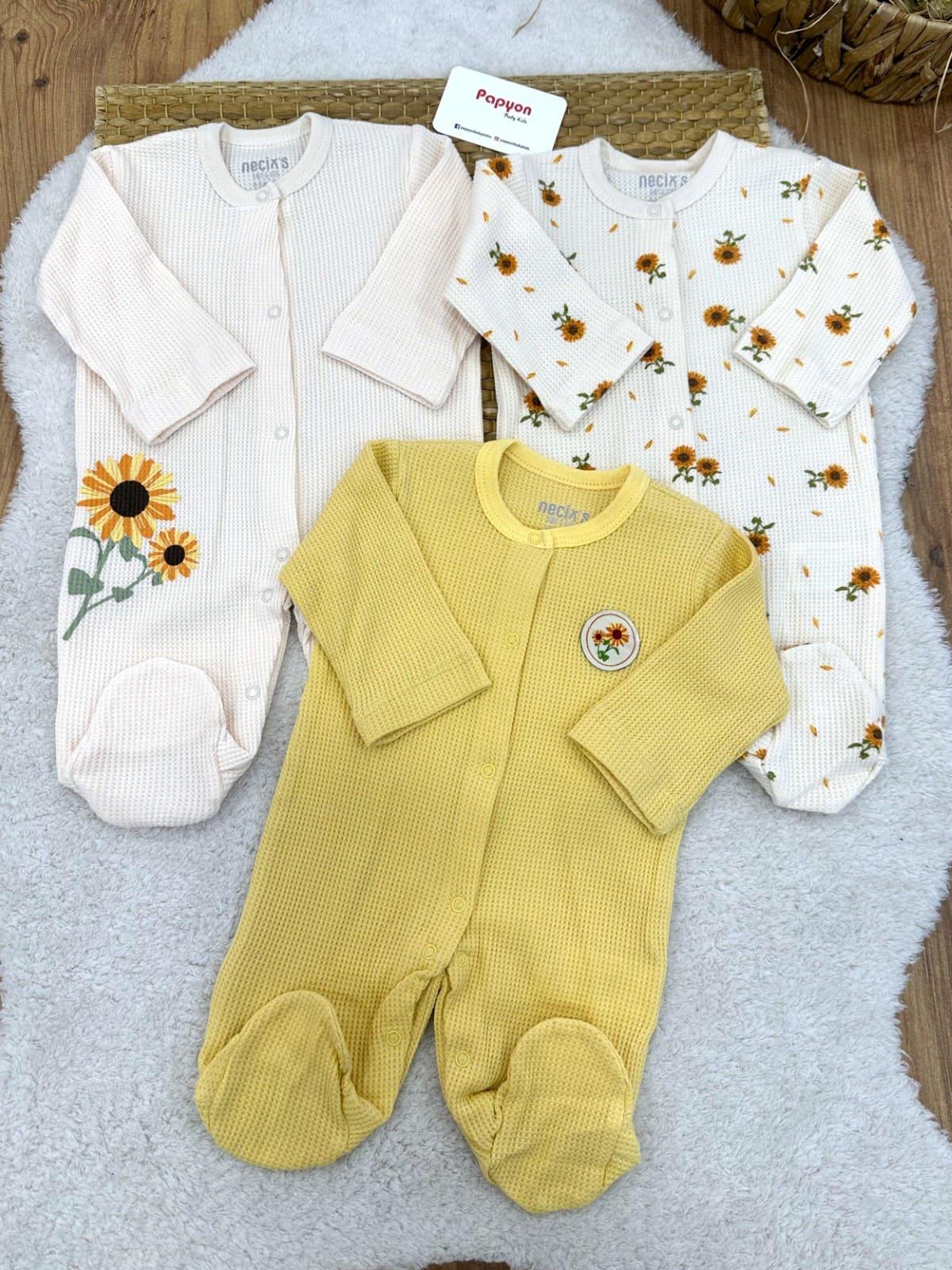 Ayçiçek Baskılı Waffle Kumaş Kız Bebek 3lü Patikli Tulum Set(0-3/3-6 Ay)