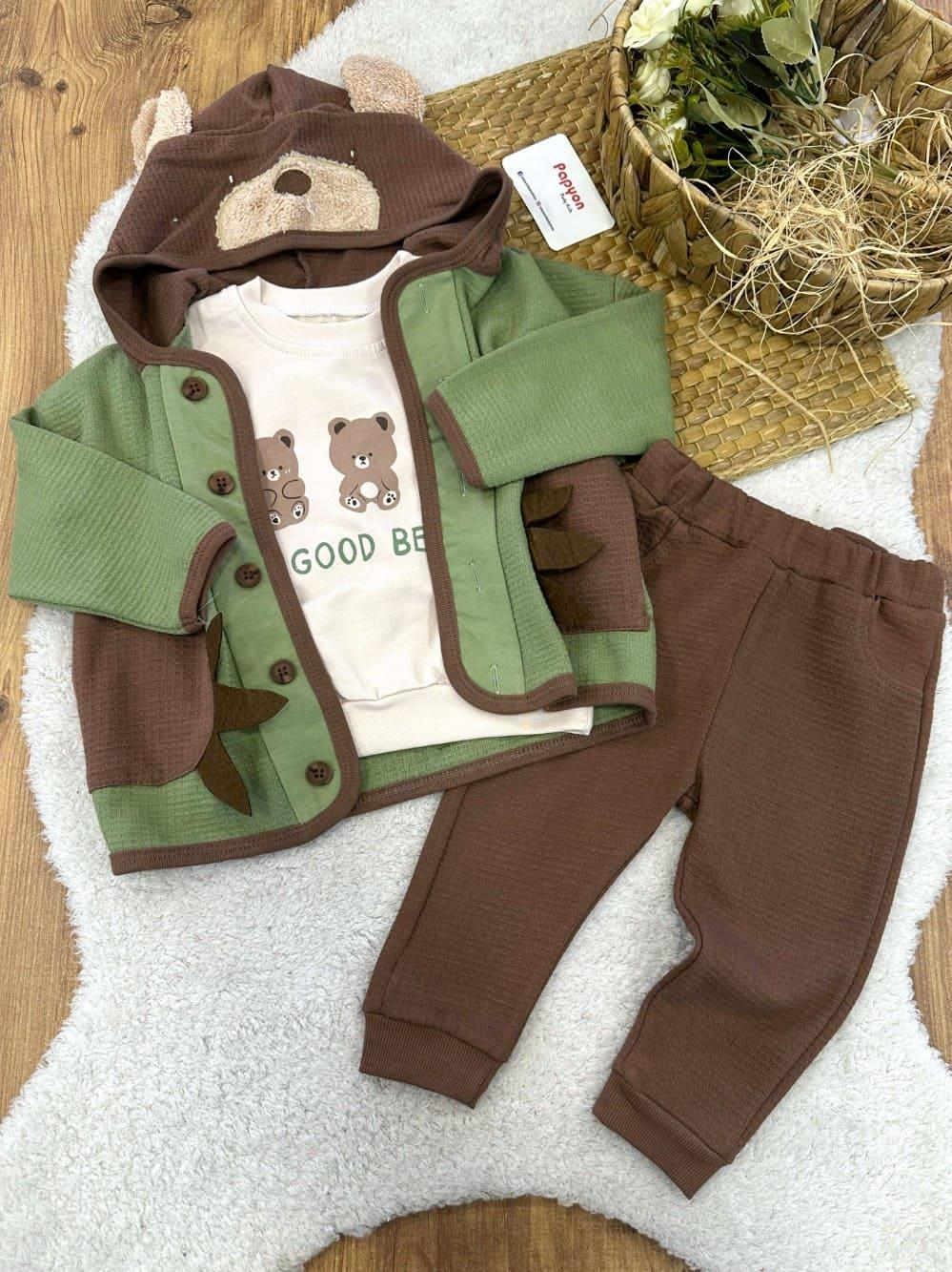 Bear Kapşonlu Ceketli Erkek Bebek 3lü Takım (9-12/12-18/18-24 Ay)