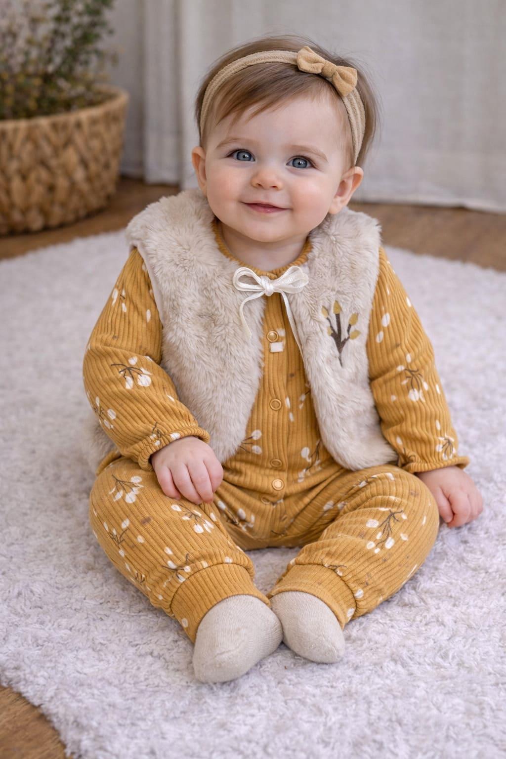 Botanik Dal Baskılı Tüylü Yelekli Kız Bebek Tulum Set (0-3/3-6 Ay)