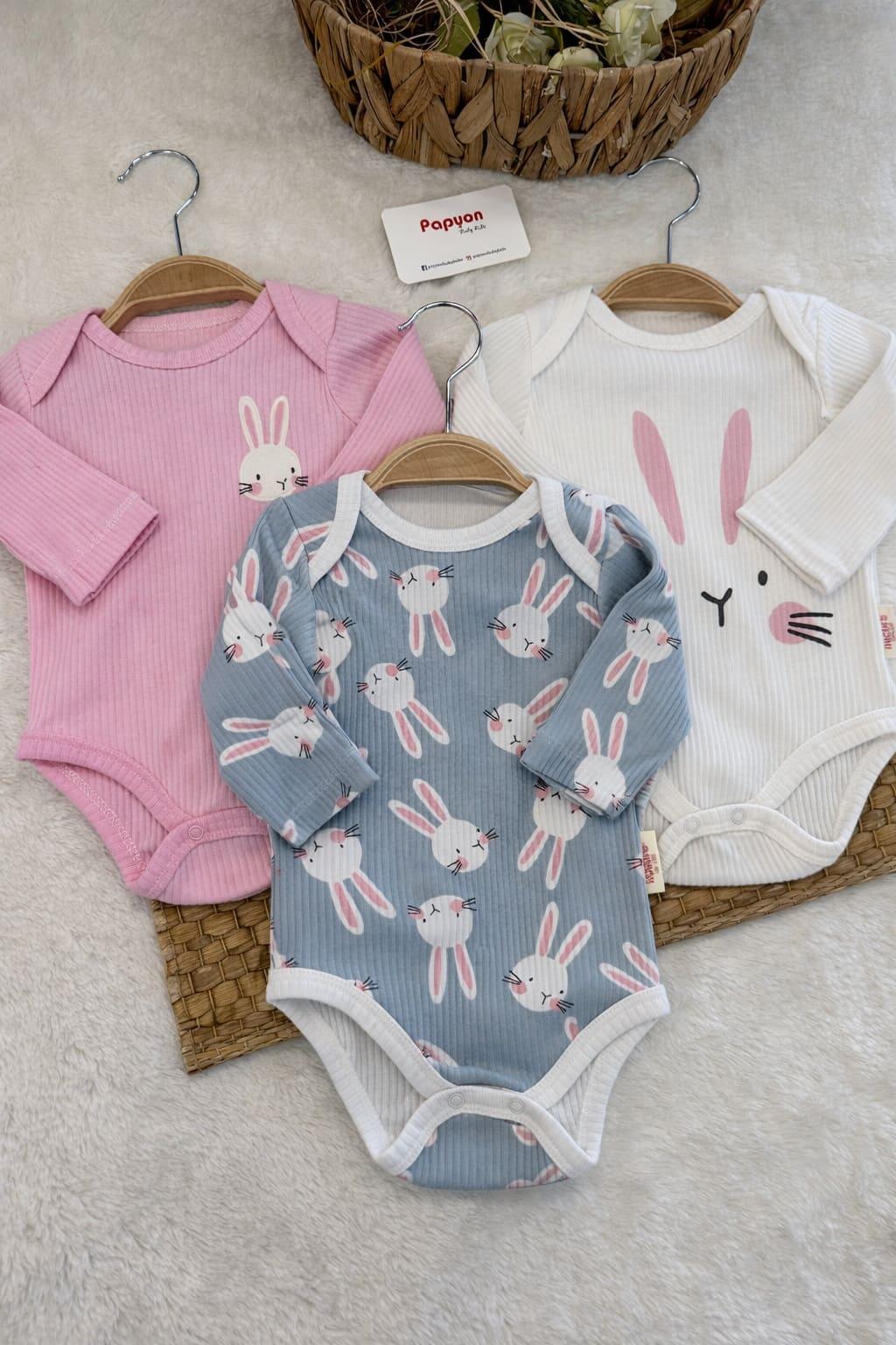 Brüksel Tavşan Baskılı Fitilli Kız Bebek 3lü Uzun Kollu Çıtçıtlı Badi Set (0-3/3-6 Ay)