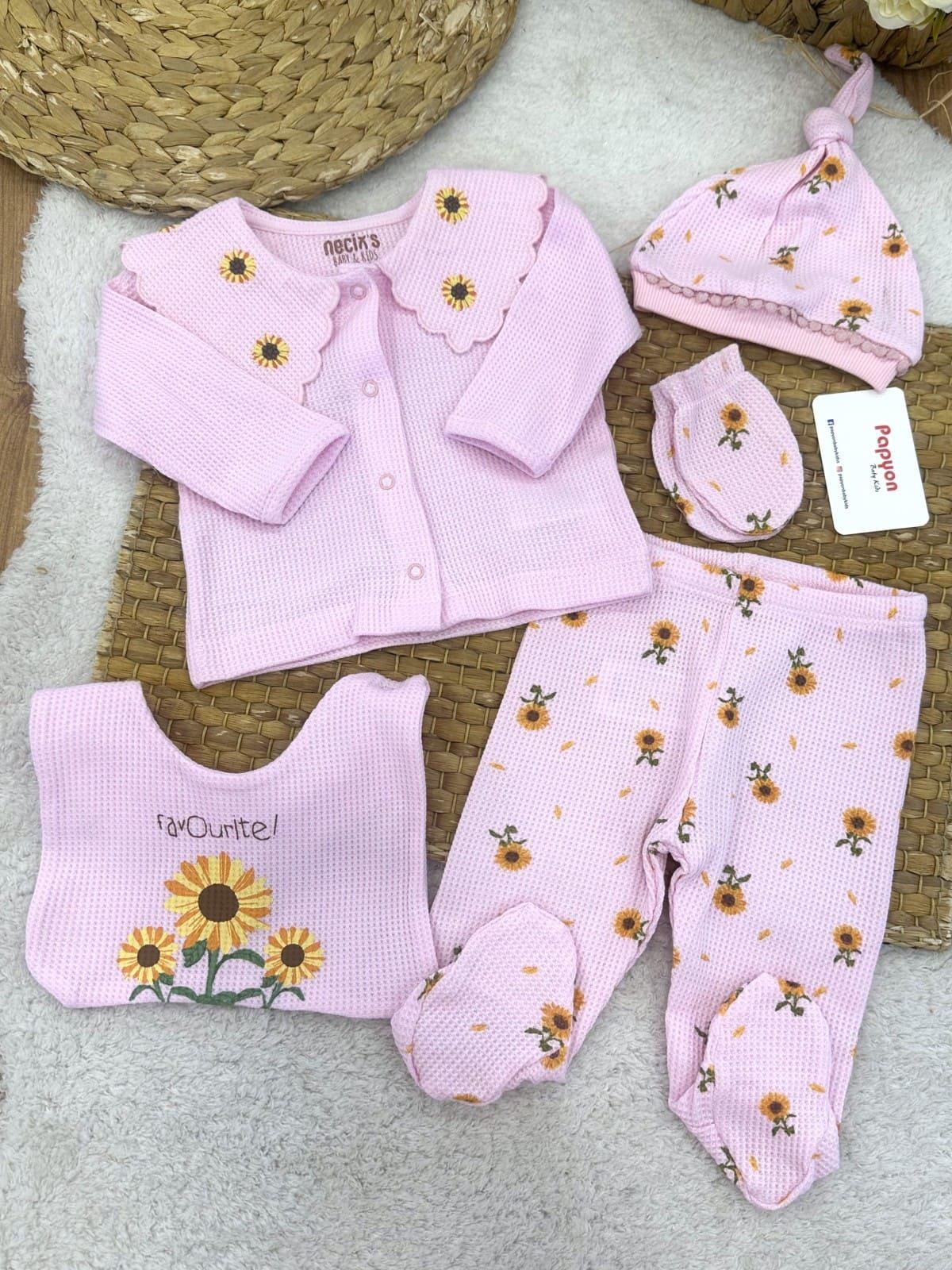 Çiçek Desenli Waffle Kumaş Yenidoğan Kız Bebek 5li Zıbın Set