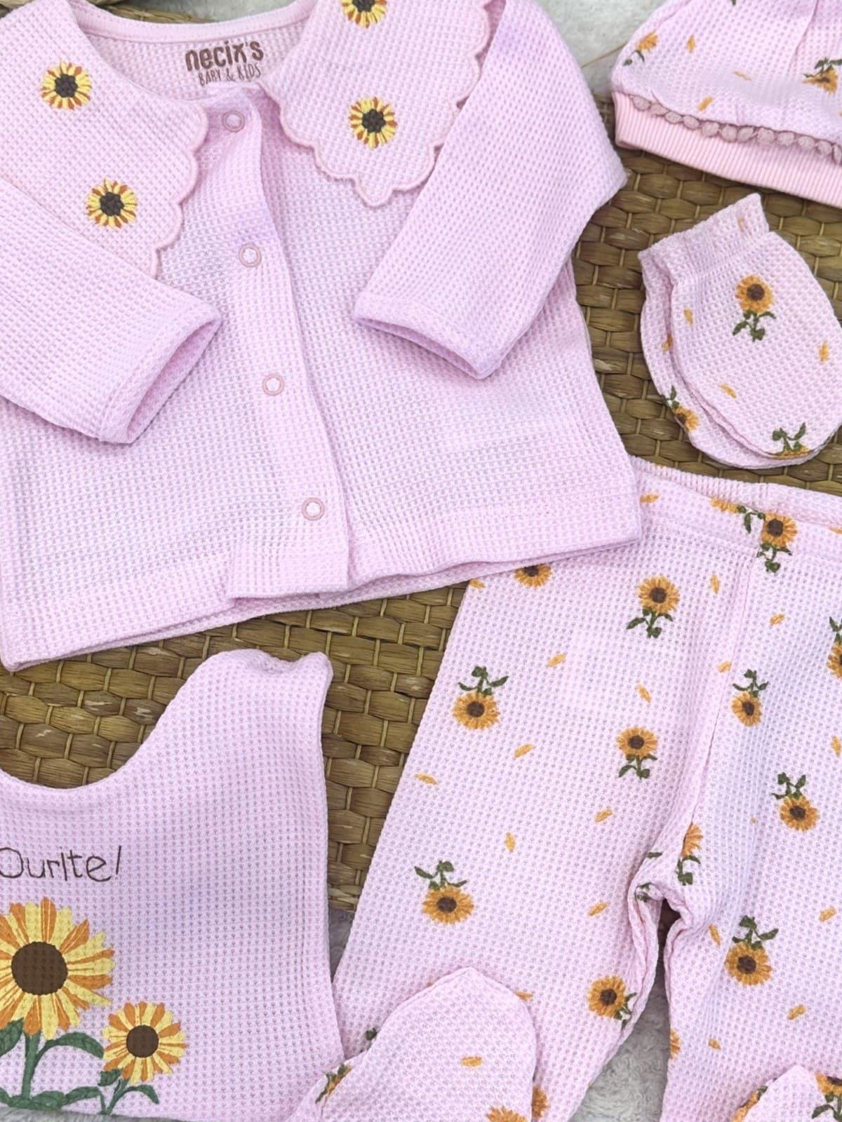 Çiçek Desenli Waffle Kumaş Yenidoğan Kız Bebek 5li Zıbın Set