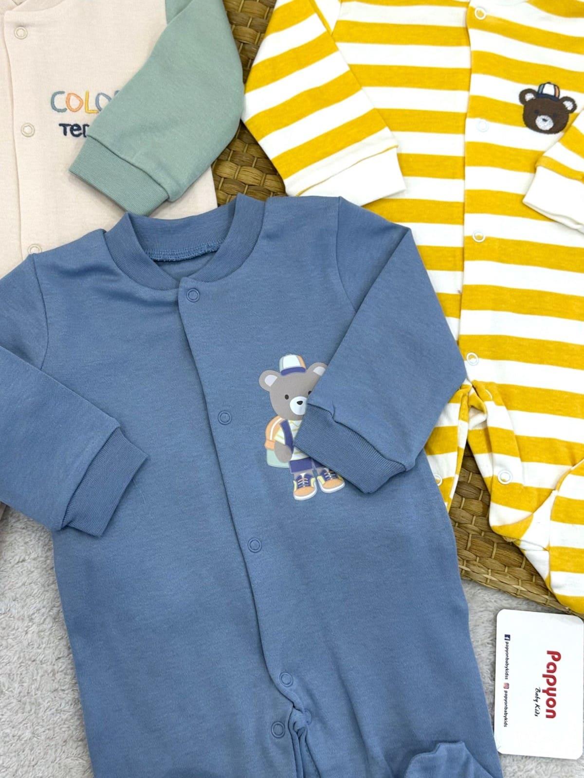 Colorful Tedy Nakışlı Erkek Bebek 3lü Tulum Set 0-3/3-6 Ay