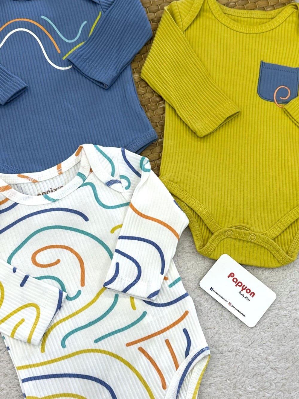 Different Way Fitilli Erkek Bebek Uzun Kollu 3lü Çıtçıtlı Badi (0-3/3-6 Ay)