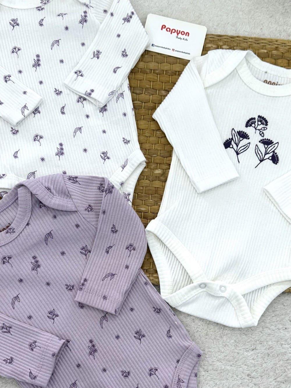 Dream Flower Fitilli Kız Bebek 3lü Uzun Kollu Çıtçıtlı Badi (0-3/3-6 Ay)
