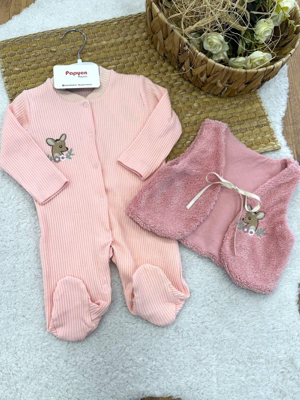 Geyik Nakışlı Peluş Yelekli Raporlu Kız Bebek Tulum 0-3/3-6 Ay