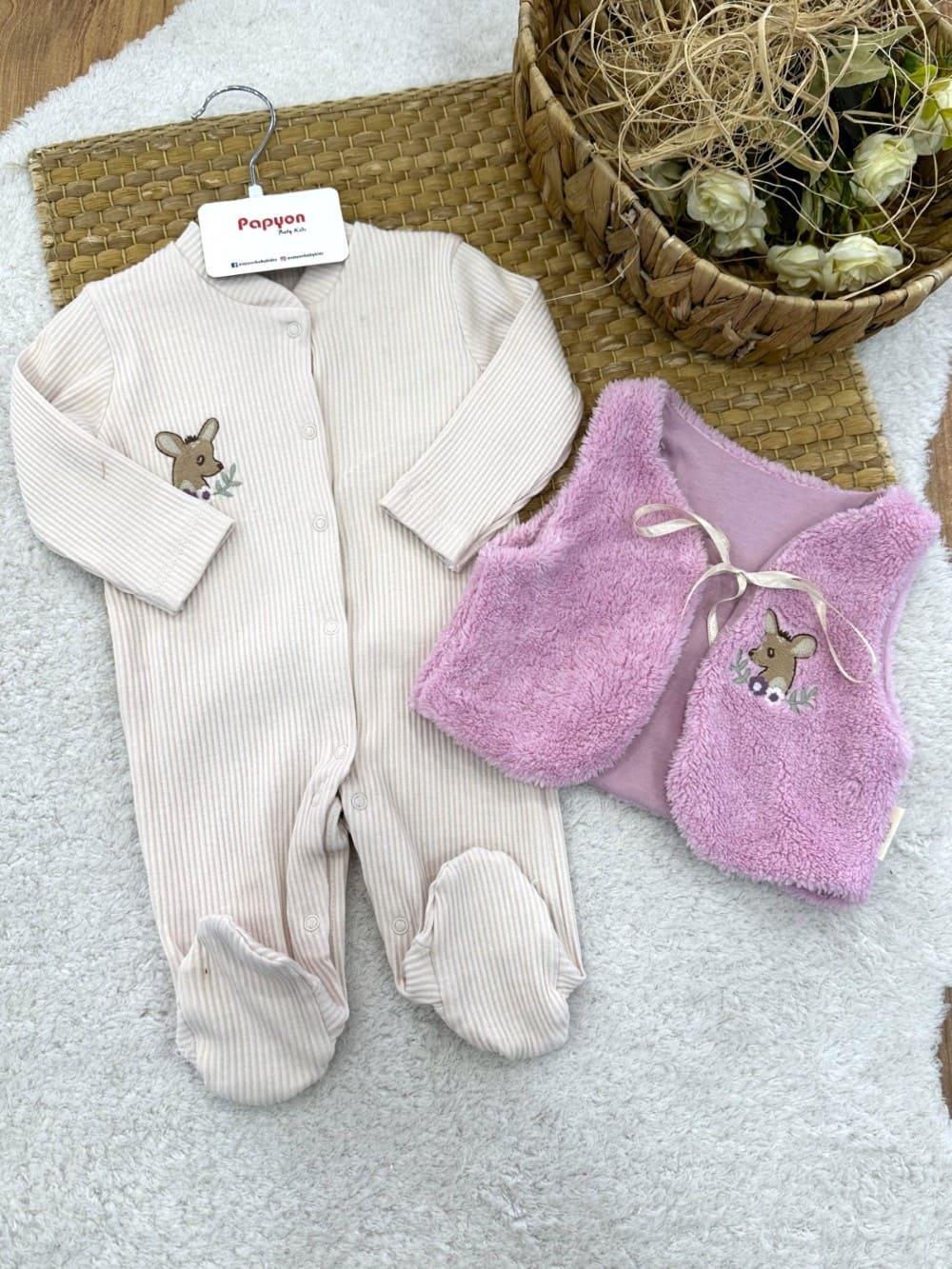 Geyik Nakışlı Peluş Yelekli Raporlu Kız Bebek Tulum 0-3/3-6 Ay