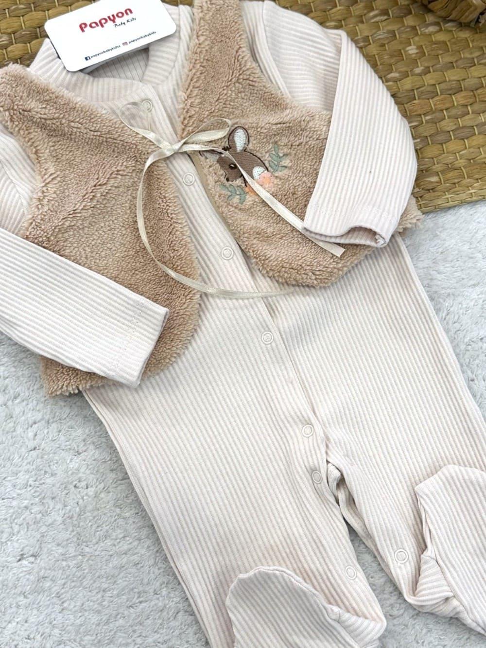 Geyik Nakışlı Peluş Yelekli Raporlu Kız Bebek Tulum 0-3/3-6 Ay
