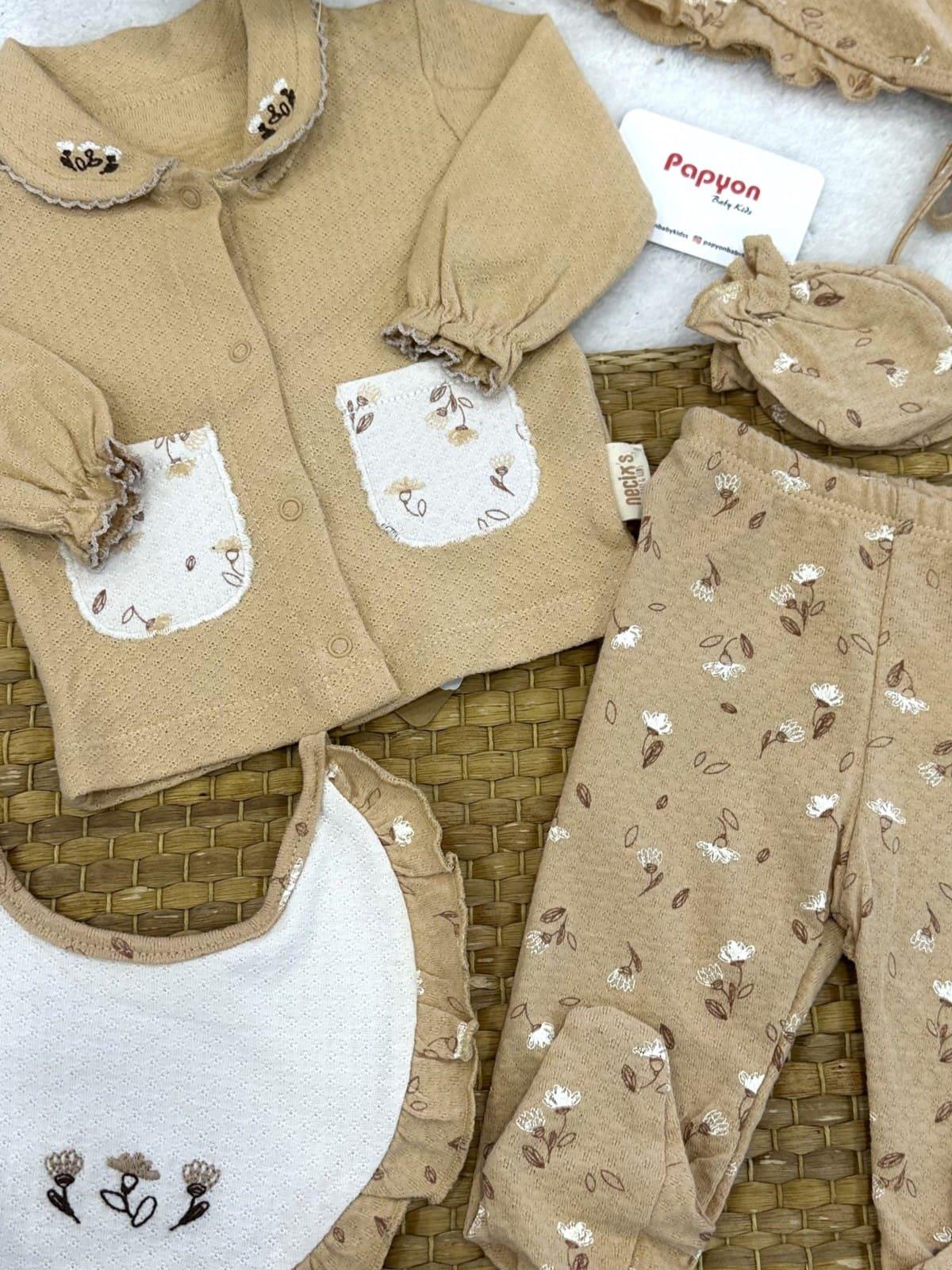 Gine Soft Elma Çiçeği Yenidoğan Kız Bebek Natural 5li Zıbın Set