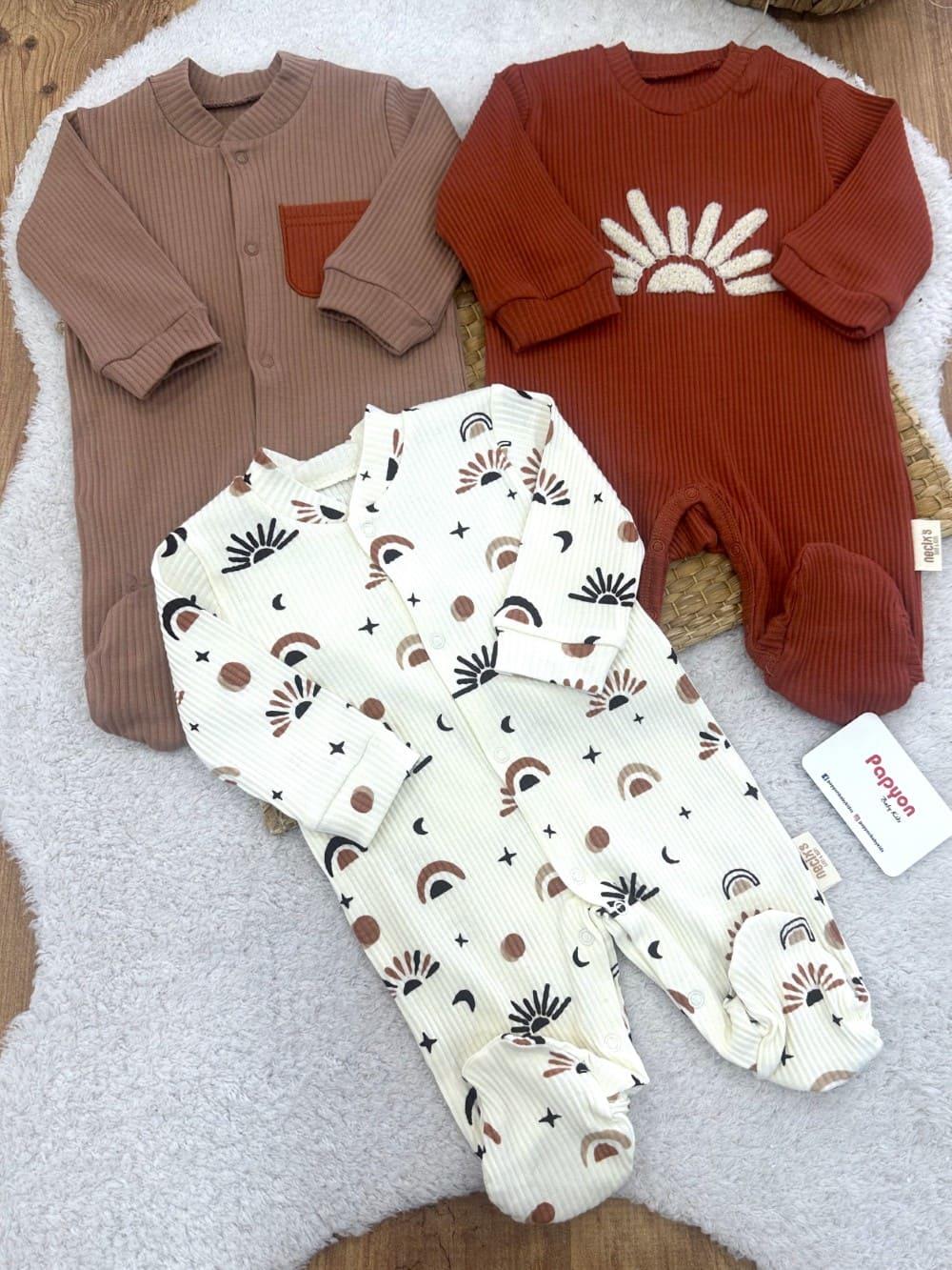 Güneş Desenli Fitilli Erkek Bebek 3lü Patikli Tulum (0-3/3-6 Ay)