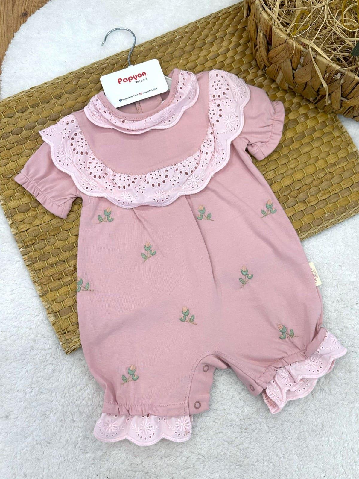 Güpürlü Yakalı Lale Nakışlı Kız Bebek Şort Tulum (3-6/6-9/9-12 Ay)