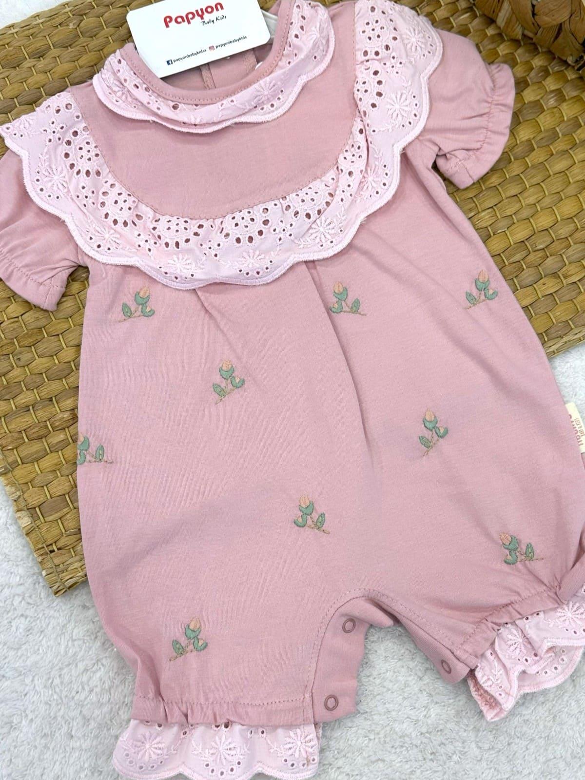 Güpürlü Yakalı Lale Nakışlı Kız Bebek Şort Tulum (3-6/6-9/9-12 Ay)