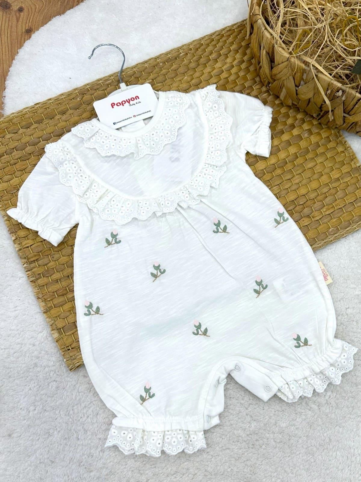 Güpürlü Yakalı Lale Nakışlı Kız Bebek Şort Tulum (3-6/6-9/9-12 Ay)