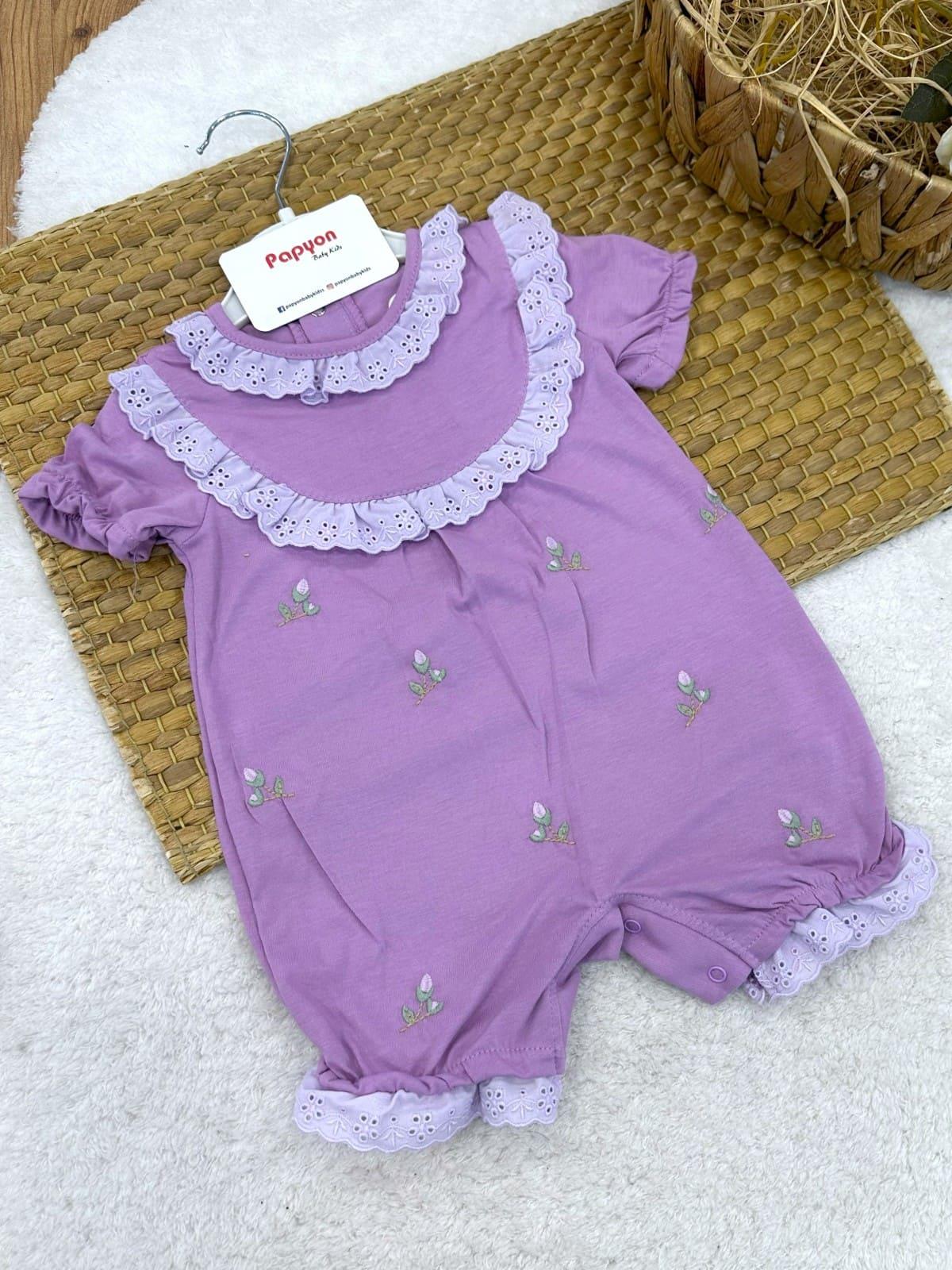 Güpürlü Yakalı Lale Nakışlı Kız Bebek Şort Tulum (3-6/6-9/9-12 Ay)