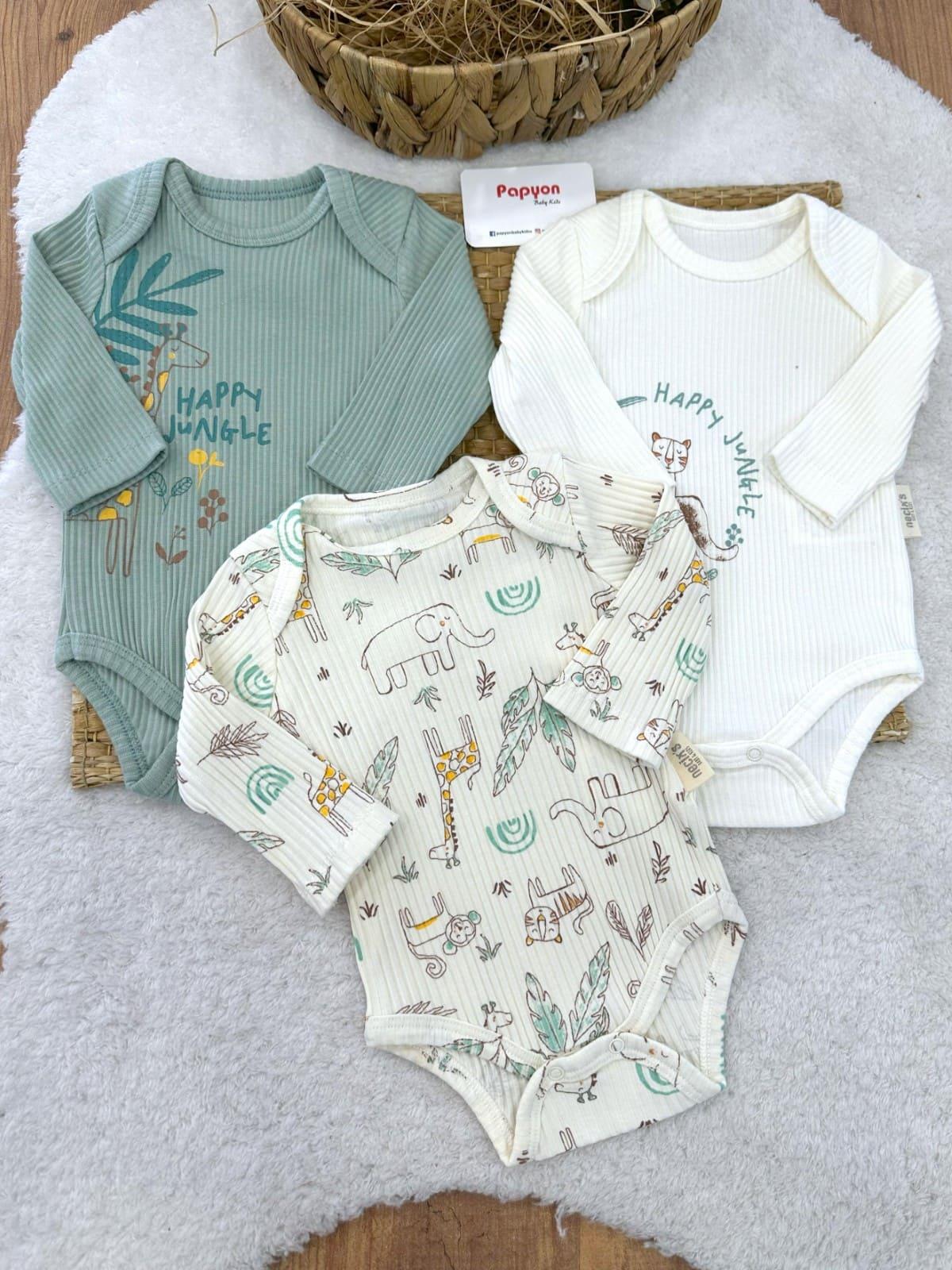 Kiev Happy Jungle Fitilli Uzun Kollu Erkek Bebek 3lü Çıtçıtlı Badi (0-3/3-6/6-9 Ay)