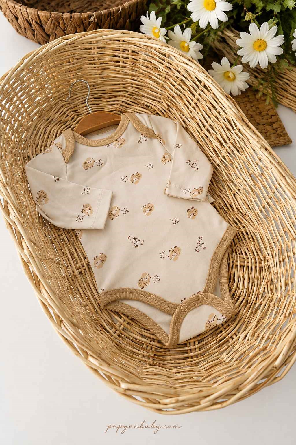 Kuzu Desenli Unisex Bebek 2li Uzun Kollu Çıtçıtlı Badi (%100 Pamuk)(0-3/3-6/6-9 Ay)