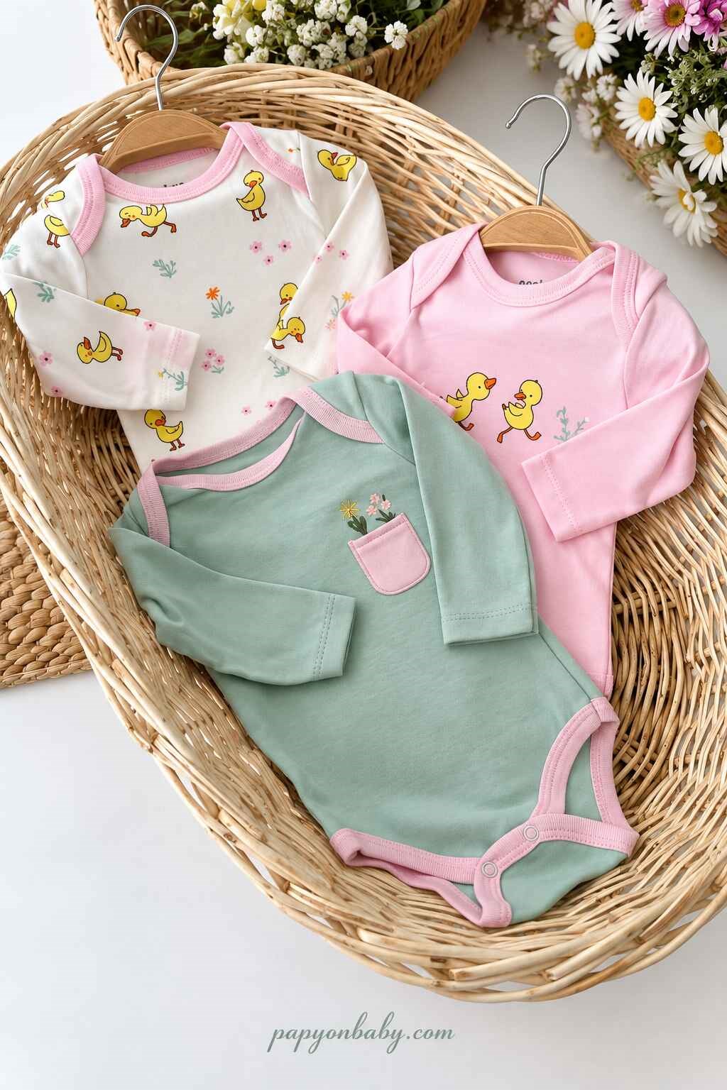 Ördek ve Çiçek Detaylı Kız Bebek 3lü Çıtçıtlı Badi Seti (%100 Pamuk)(0-3/3-6 Ay)