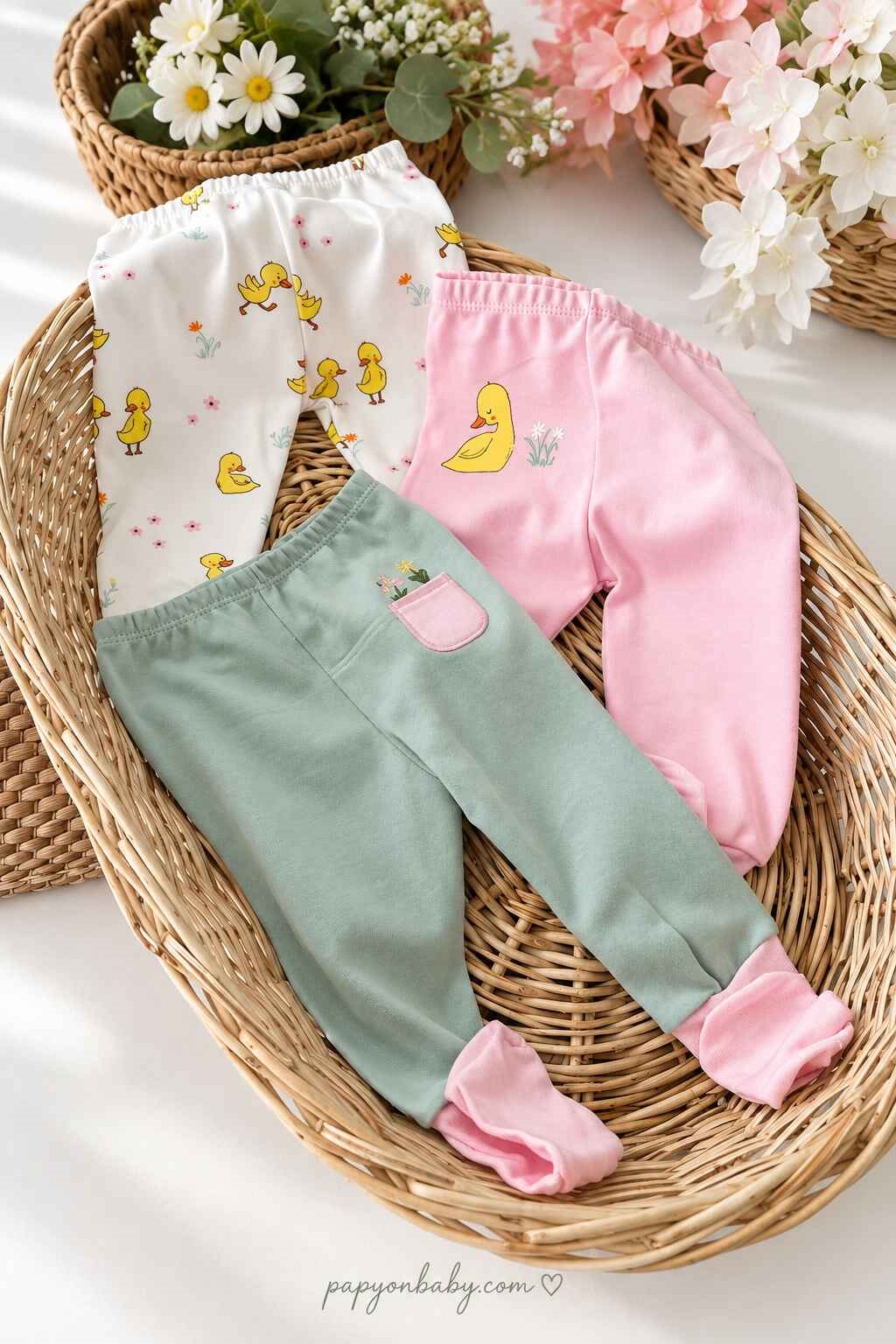 Ördek ve Çiçek Detaylı Kız Bebek 3lü Çoraplı Alt (%100 Pamuk)(0-3/3-6 Ay)