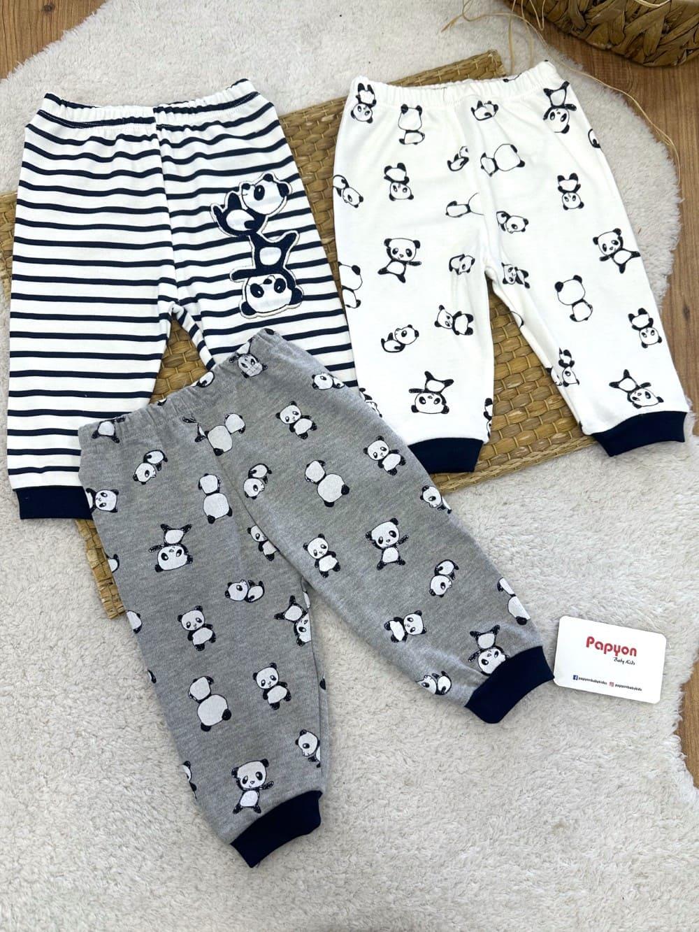 Panda Baskılı Çizgili Uniseks Bebek 3lü Manşetli Alt Pantolon (0-3/3-6/6-9 Ay)