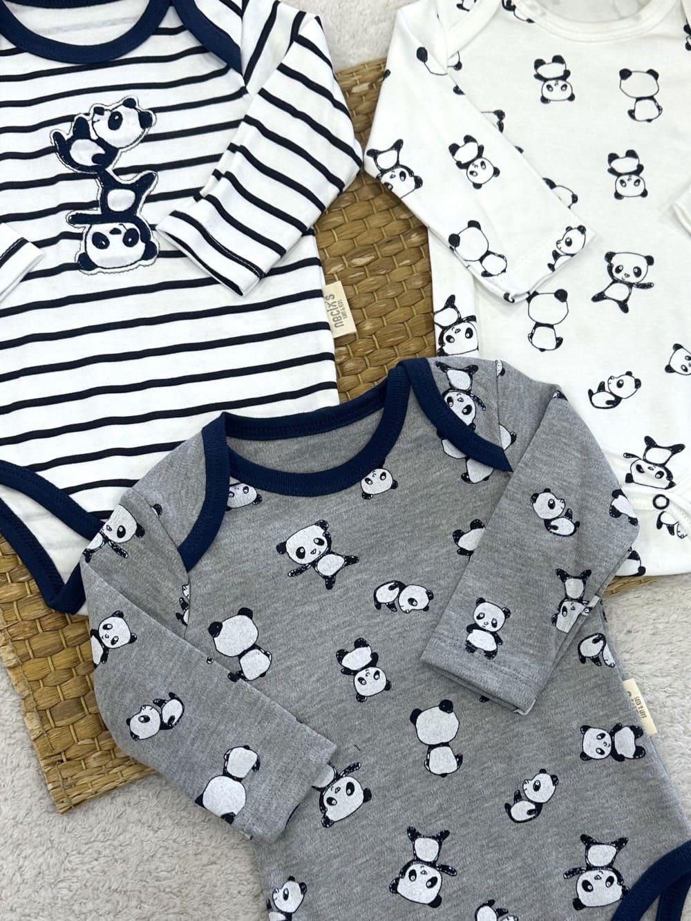 Panda Baskılı Çizgili Uniseks Bebek Uzun Kollu 3lü Çıtçıtlı Badi (0-3/3-6/6-9 Ay)