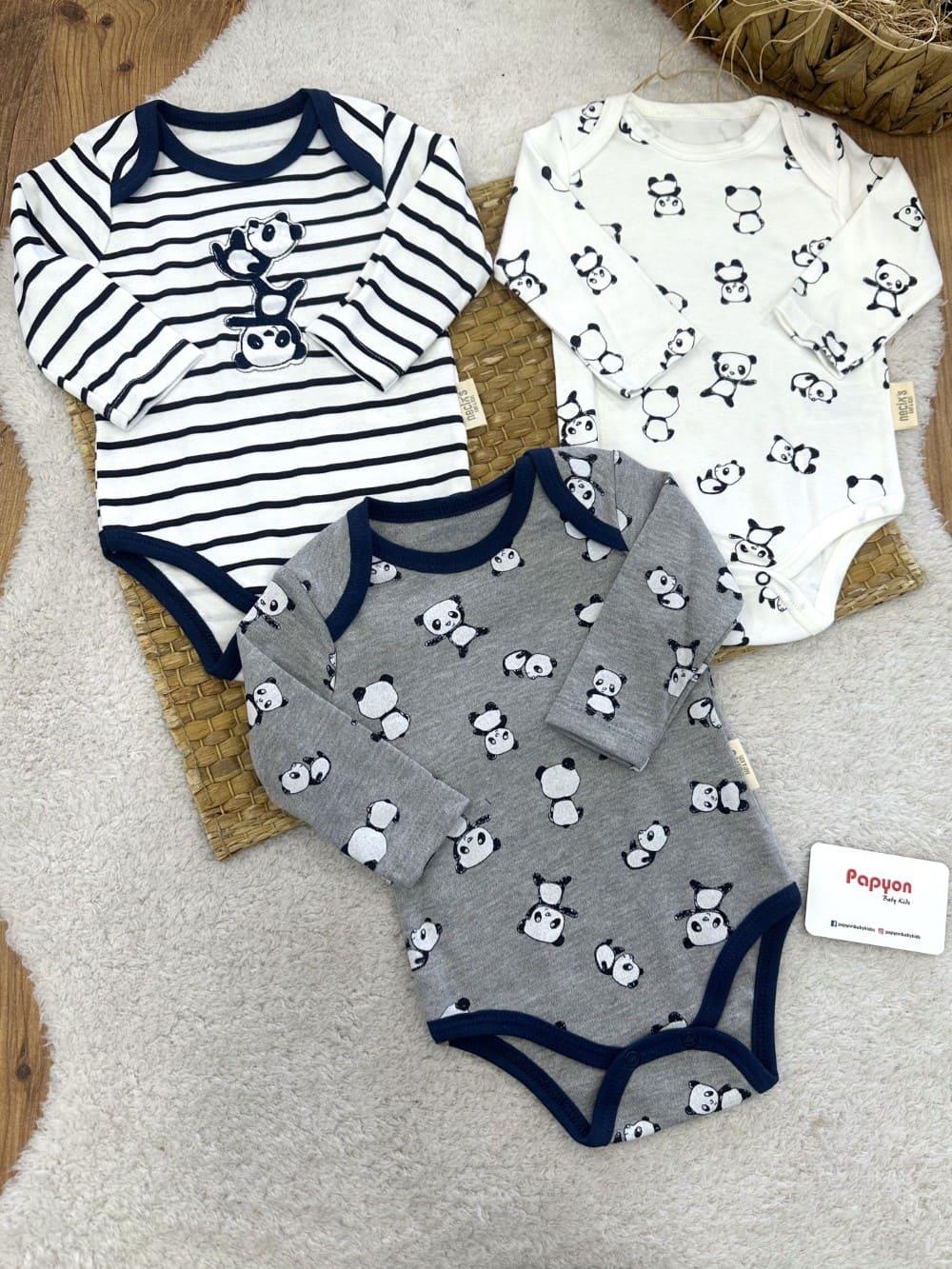 Panda Baskılı Çizgili Uniseks Bebek Uzun Kollu 3lü Çıtçıtlı Badi (0-3/3-6/6-9 Ay)