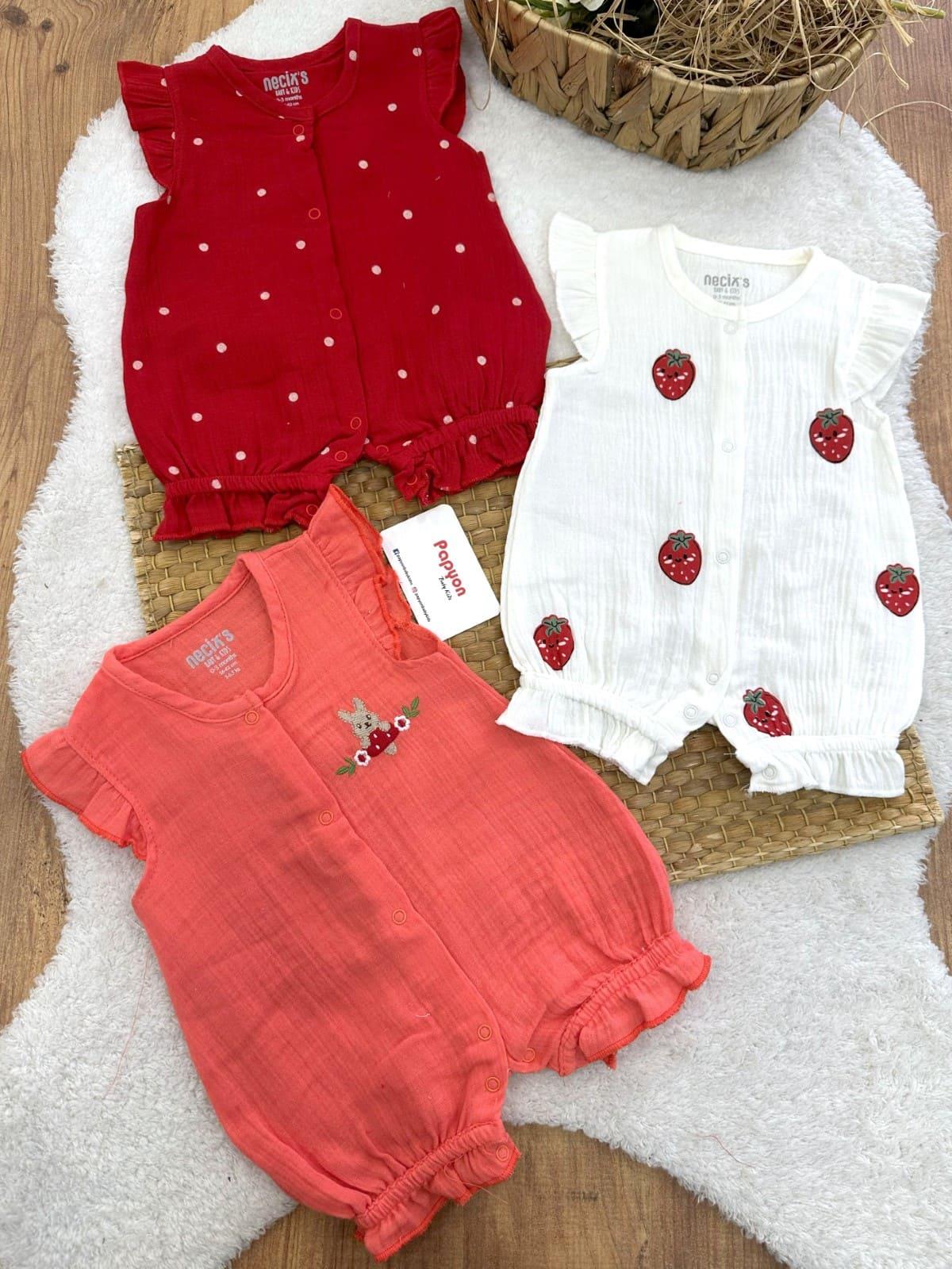 Red Love Summer Kız Bebek Yazlık 3lü Müslin Tulum (0-3/3-6 Ay)