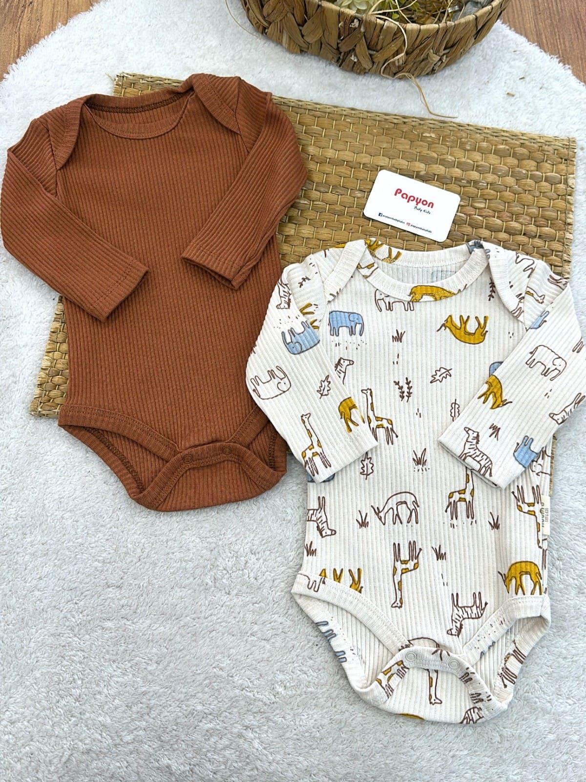 Safari Model Fitilli Uzun Kollu Erkek Bebek 2li Çıtçıtlı Badi (3-6/6-9/9-12 Ay)