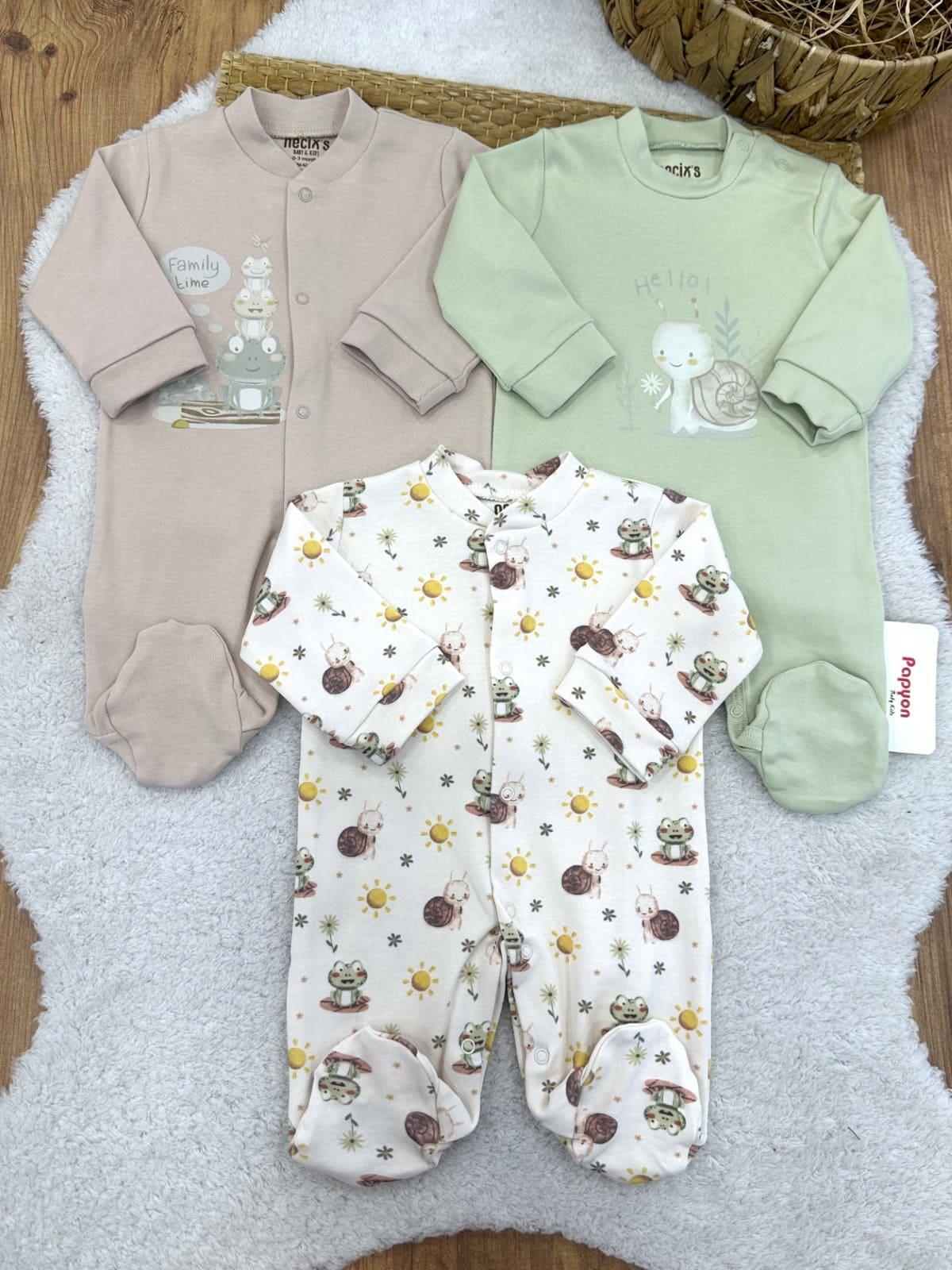 Salyangoz Kurbağa Baskılı Erkek Bebek 3lü Patikli Tulum (0-3/3-6 Ay)