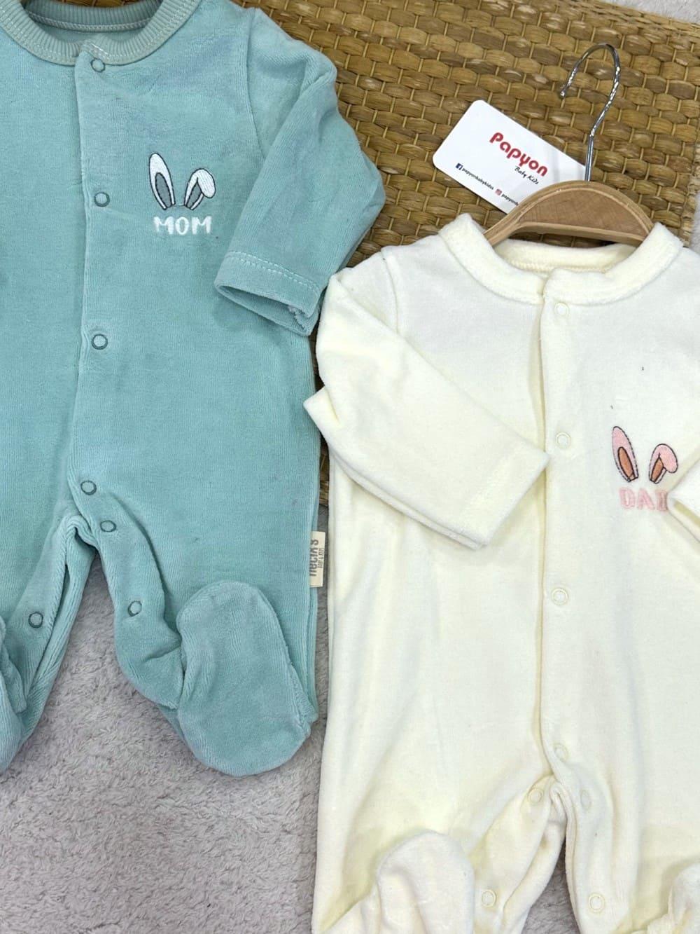 Tavşan Kulak Mom Dad Nakışlı Kadife 2li Patikli Kız Bebek Tulum (0-3/3-6 Ay)