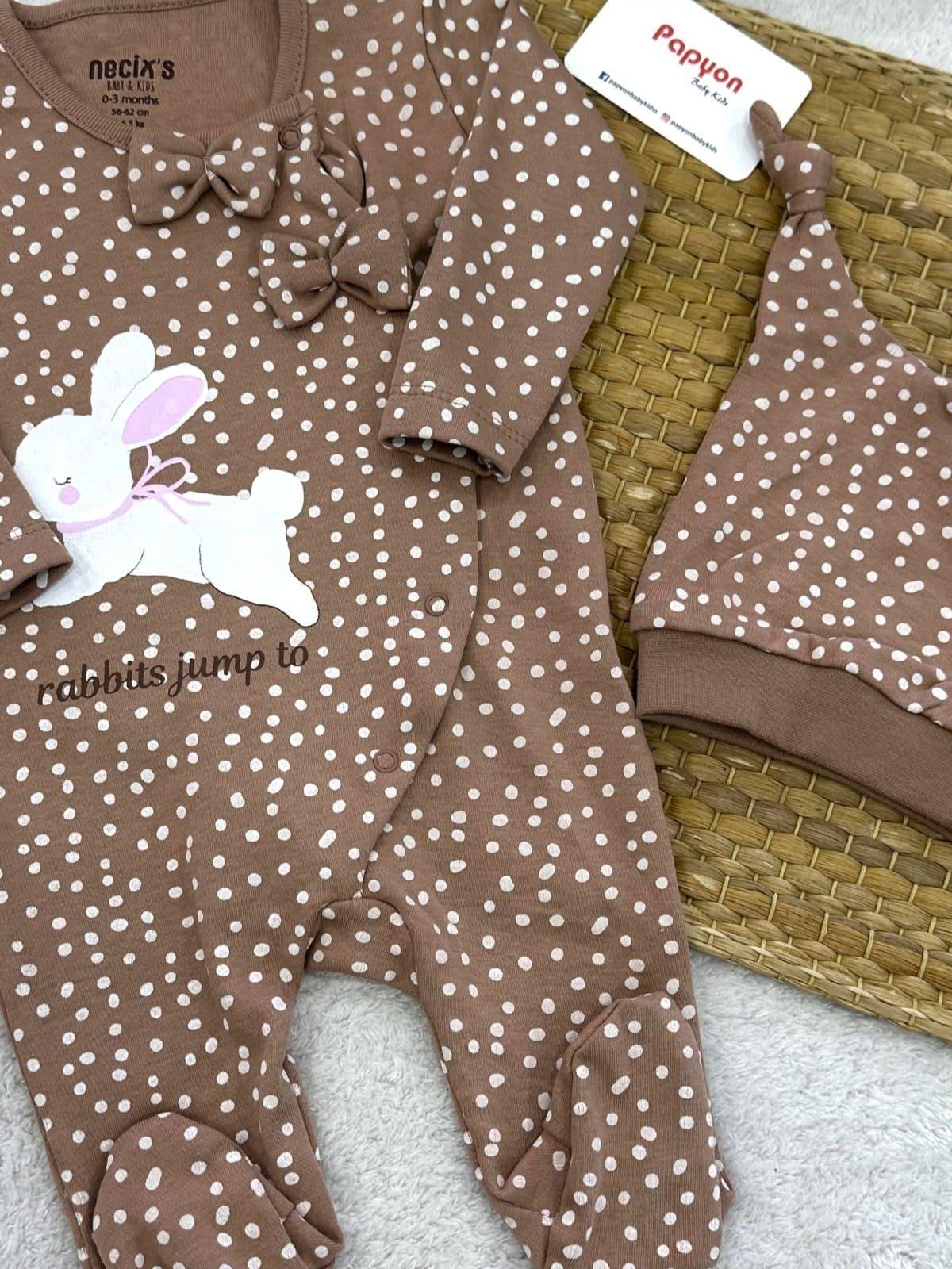 Tavşan Puan Baskılı Kız Bebek Bereli Soft Tulum 0-3/3-6 Ay