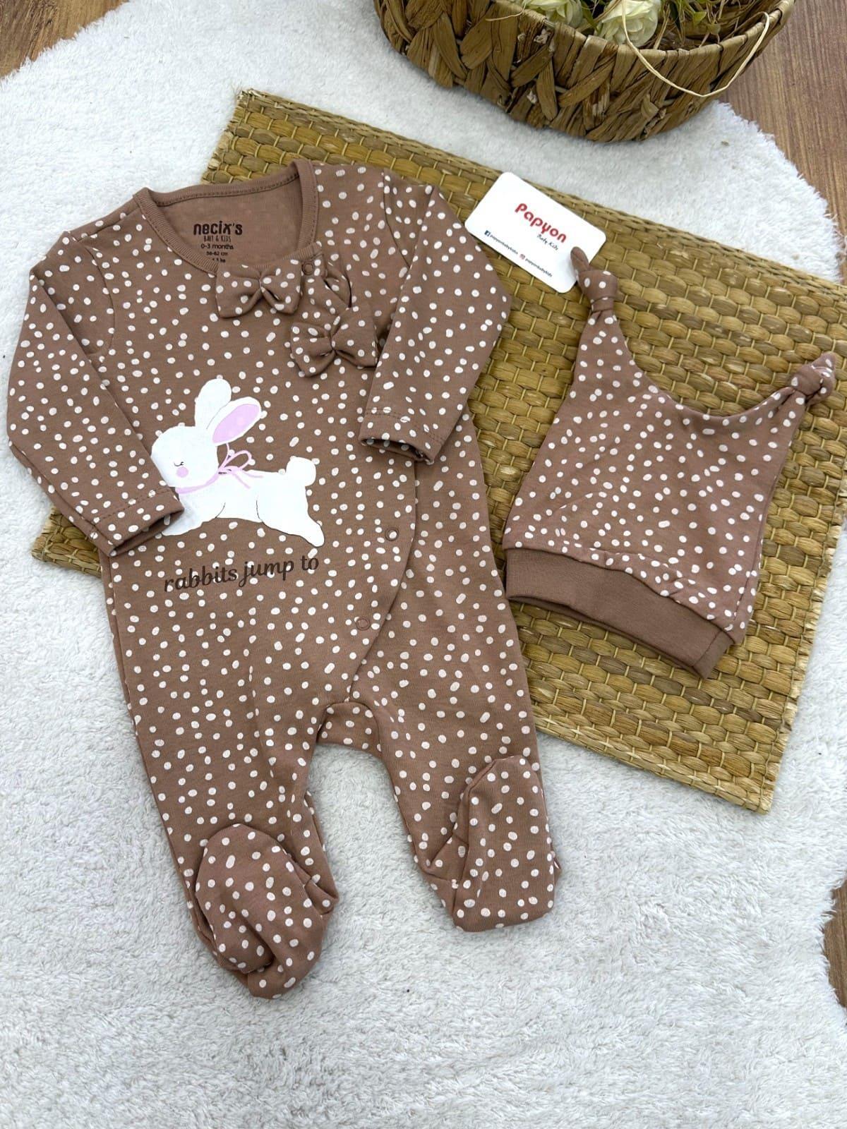 Tavşan Puan Baskılı Kız Bebek Bereli Soft Tulum 0-3/3-6 Ay