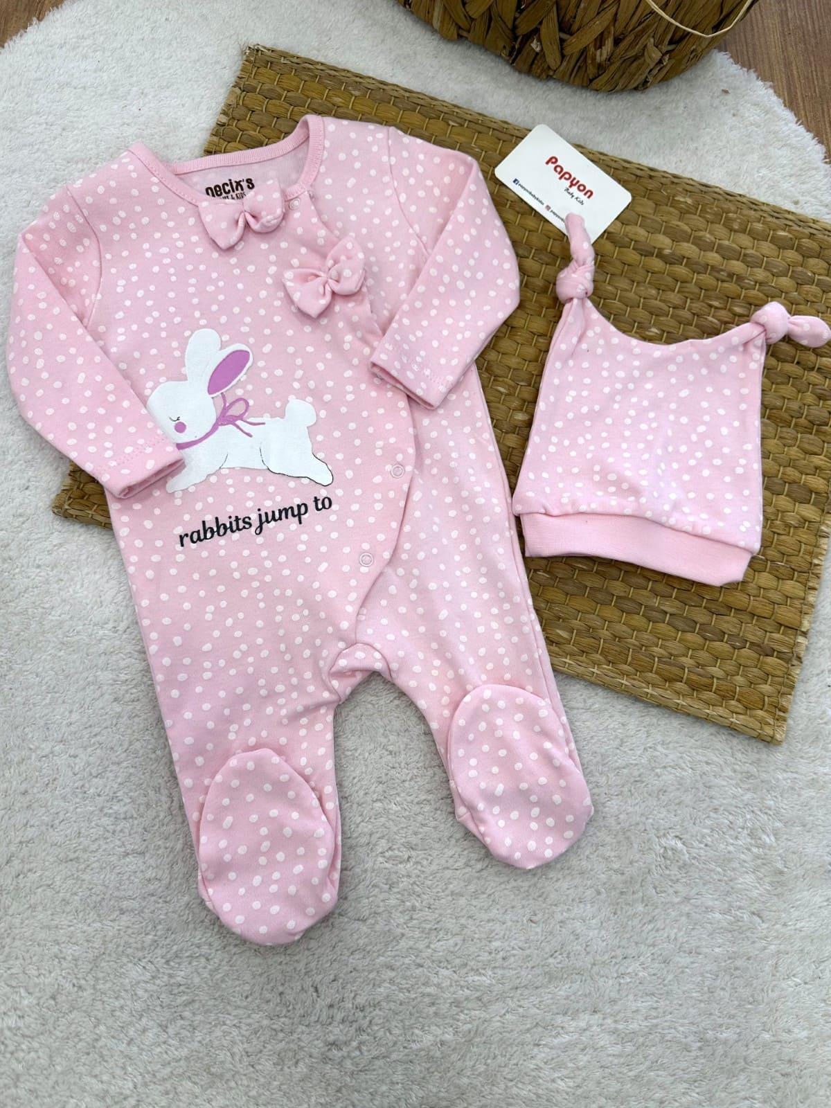 Tavşan Puan Baskılı Kız Bebek Bereli Soft Tulum 0-3/3-6 Ay