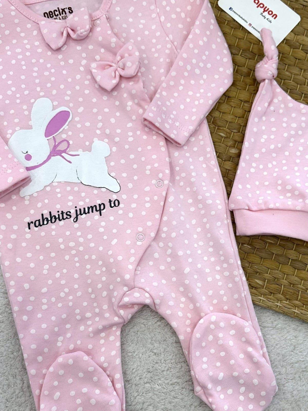 Tavşan Puan Baskılı Kız Bebek Bereli Soft Tulum 0-3/3-6 Ay