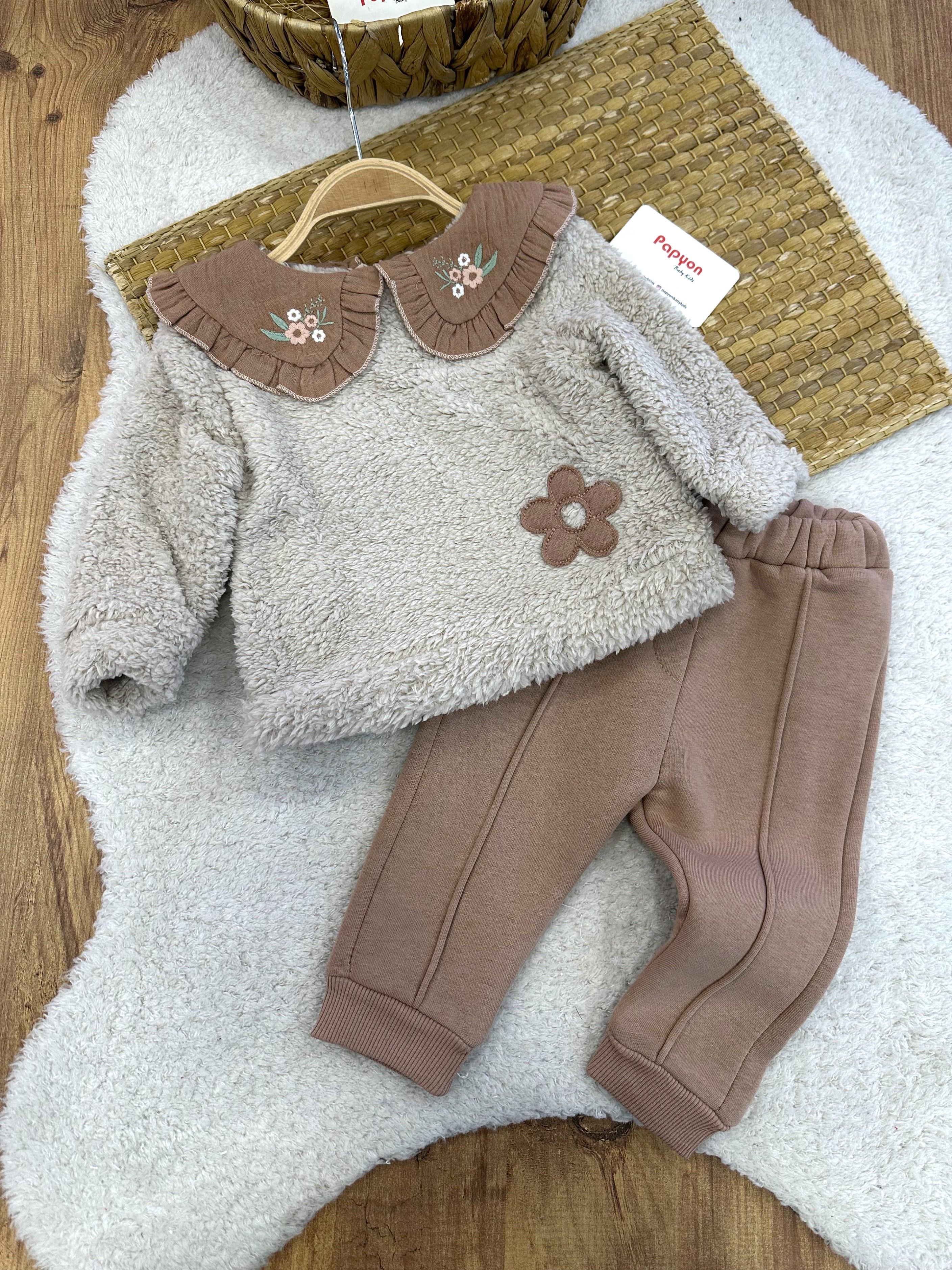Yamalı Çiçek Yakalı Welsoft Sweatshirt Kız Bebek 2li Takım (6-9/9-12/12-18/18-24 Ay)