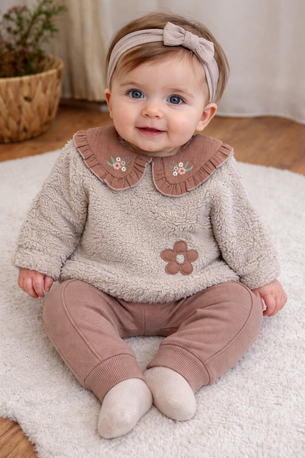 Yamalı Çiçek Yakalı Welsoft Sweatshirt Kız Bebek 2li Takım (6-9/9-12/12-18/18-24 Ay)