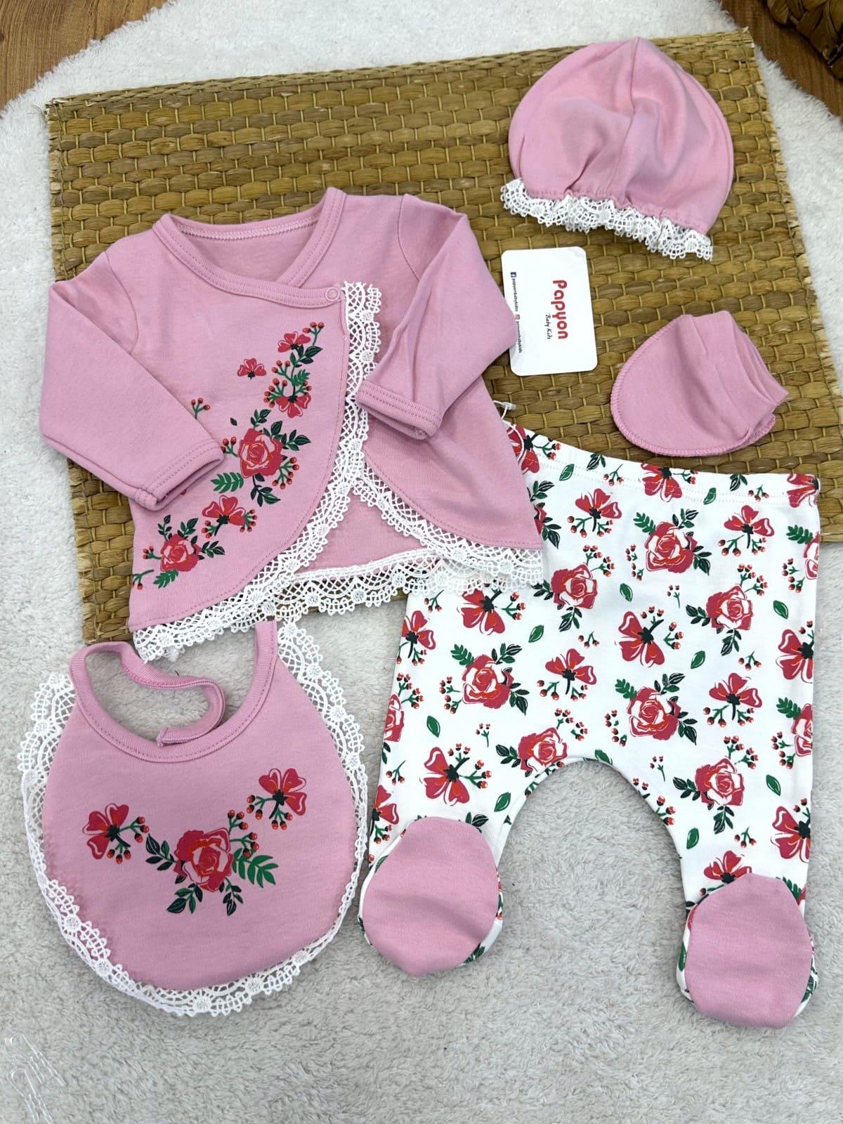 Flower Garden Yenidoğan Kız Bebek 5li Zıbın Set Hastane Çıkışı