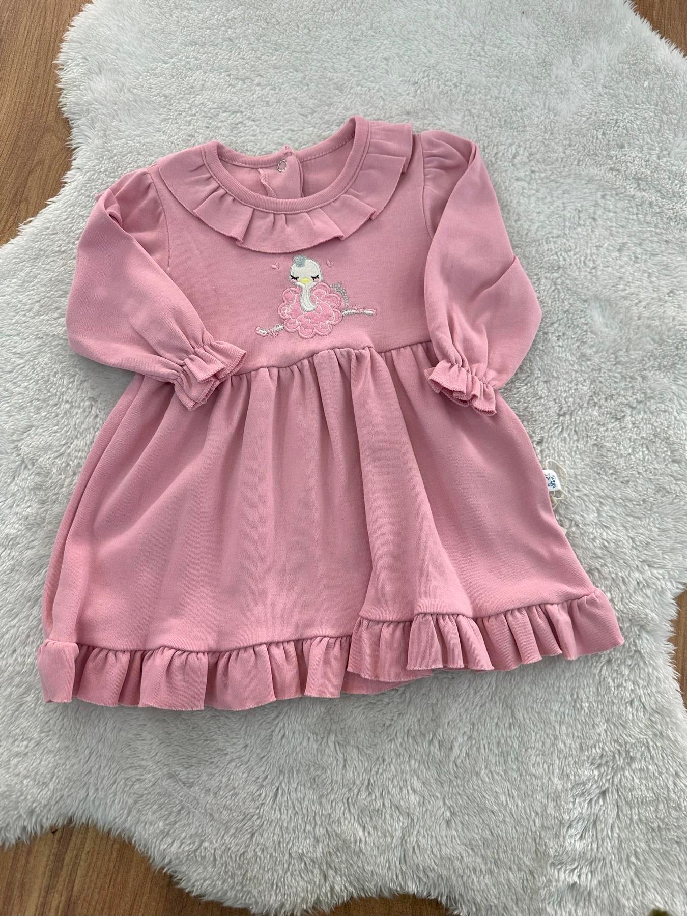 Deve Kuşu Nakışlı Kız Bebek Elbise 3-6/6-9/9-12 Ay