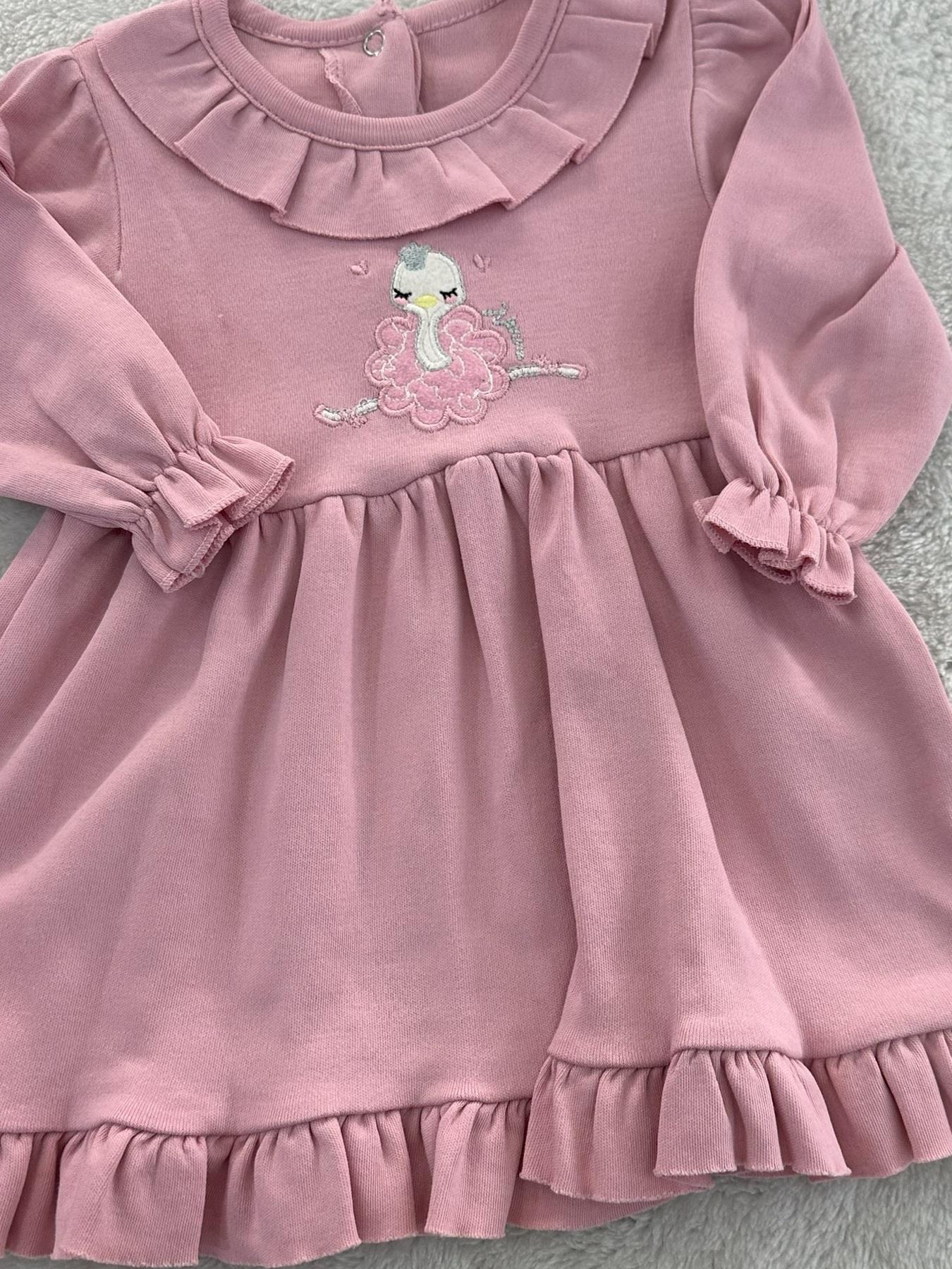 Deve Kuşu Nakışlı Kız Bebek Elbise 3-6/6-9/9-12 Ay