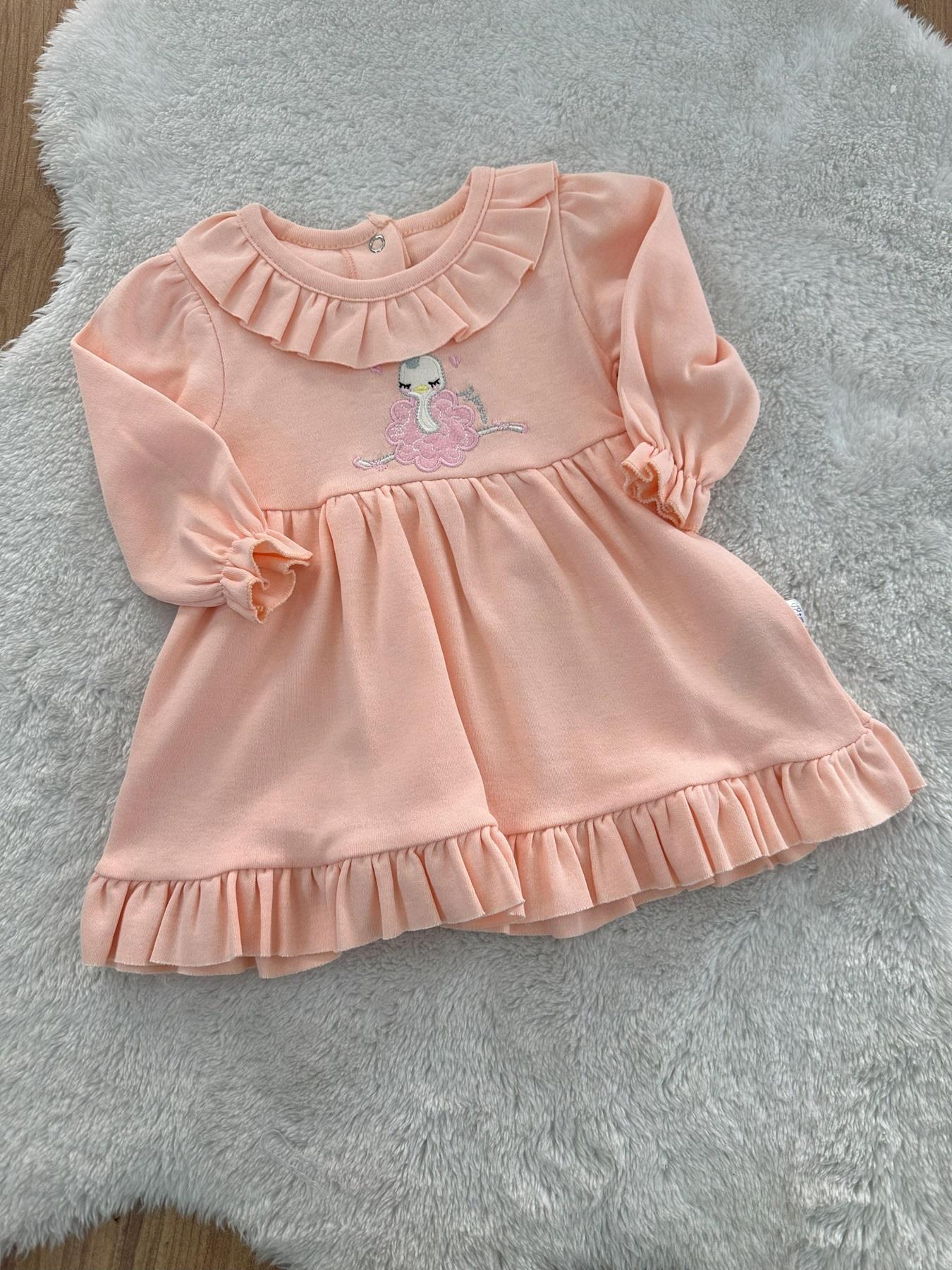 Deve Kuşu Nakışlı Kız Bebek Elbise 3-6/6-9/9-12 Ay